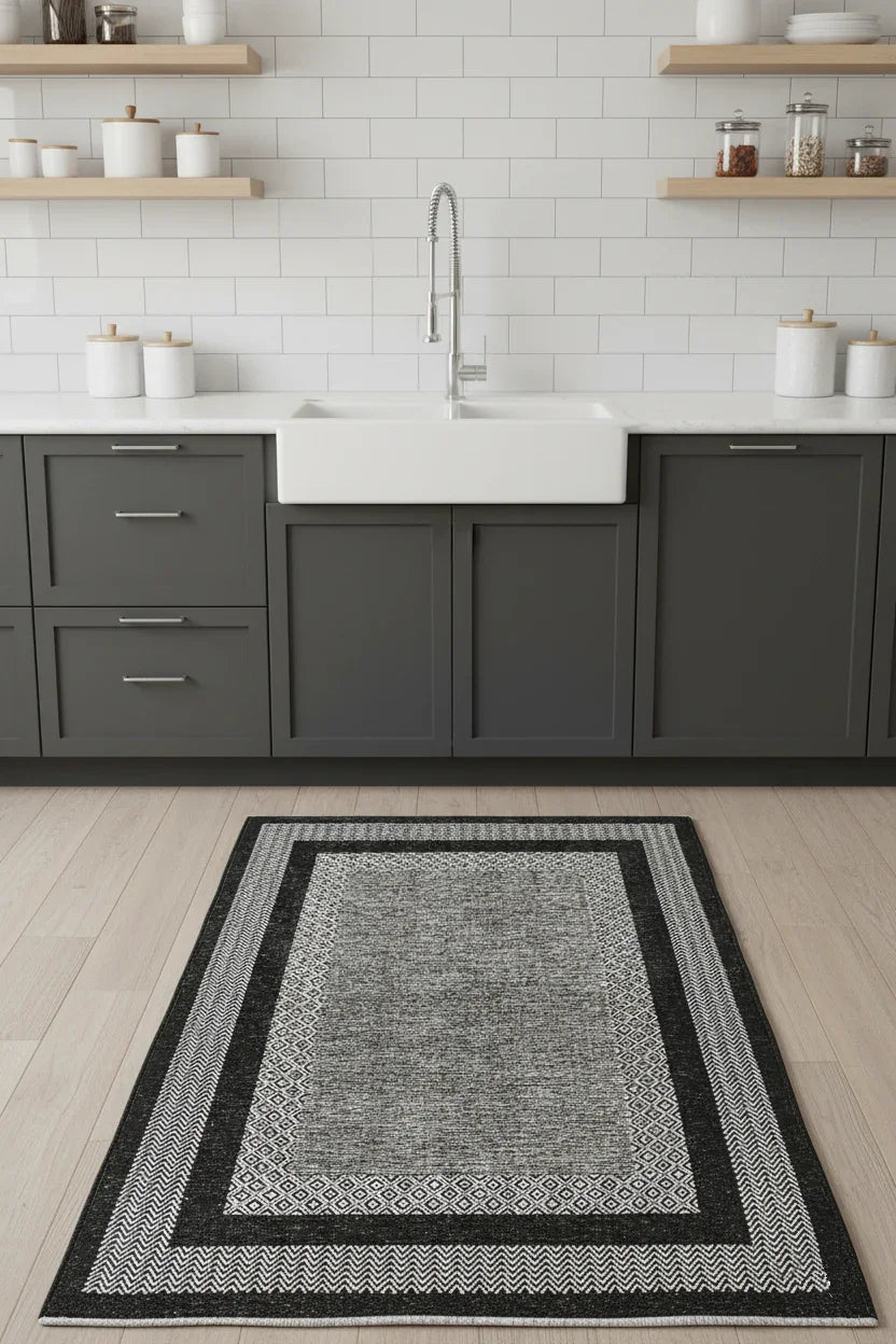 Gri Siyah Modern Yıkanabilir Antibakteriyel Salon Halısı