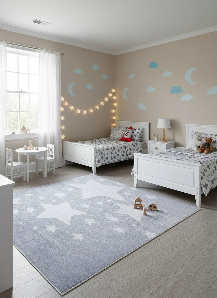 Yıldız Desenli Gri Çocuk Halısı