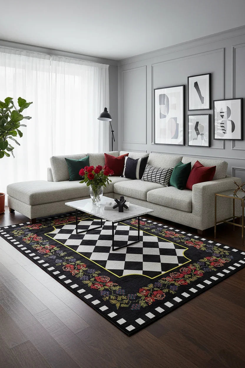 Karabağ Çiçek Desenli Geometrik Siyah Kırmızı Dekoratif Halı