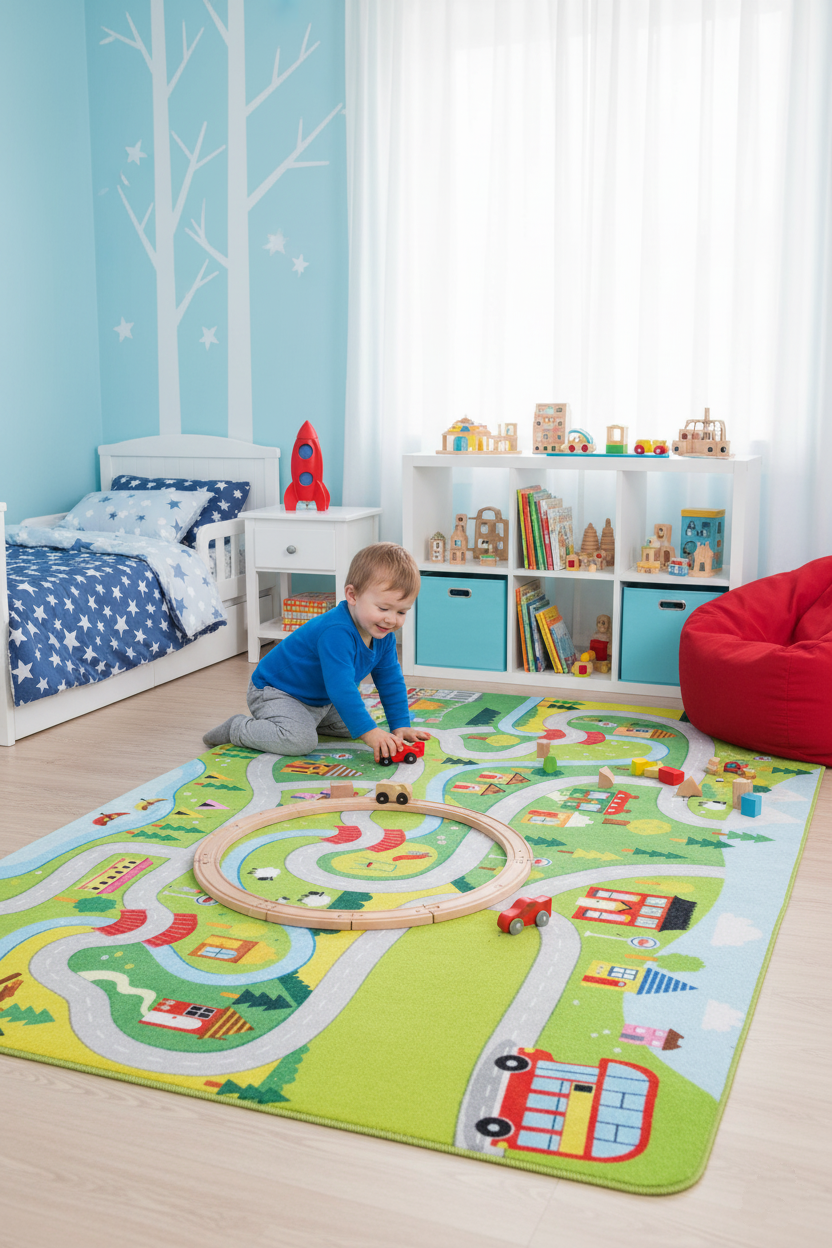 Green Children's Rug with City Map Pattern