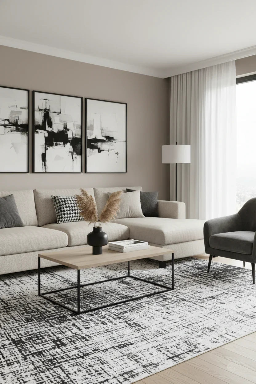 Siyah Beyaz Grafik Modern Soyut Halı