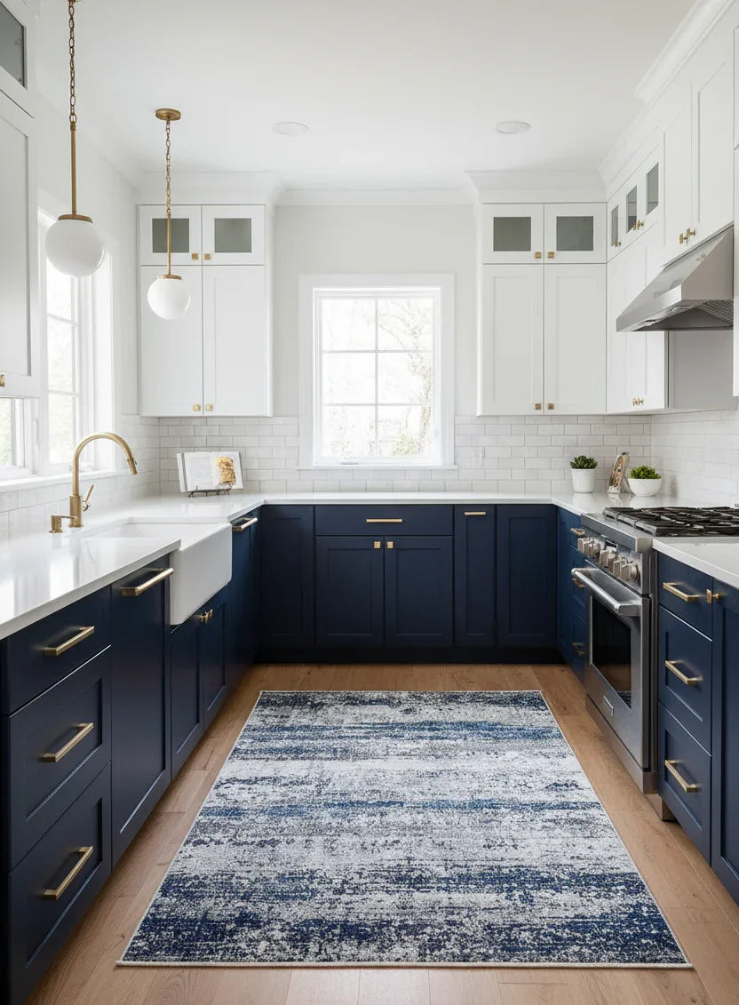 Mavi, Beyaz ve Gri Modern Soyut Sanat Halısı