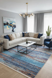 Mavi ve Pas Tonlarında Modern Soyut Sanat Halısı