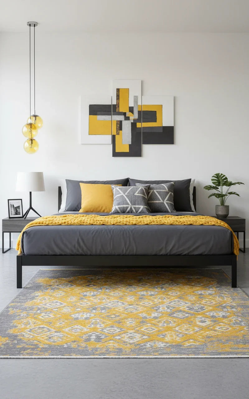 Gri Sarı Çift Taraflı Modern Vintage Yıkanabilir Antibakteriyel Halı