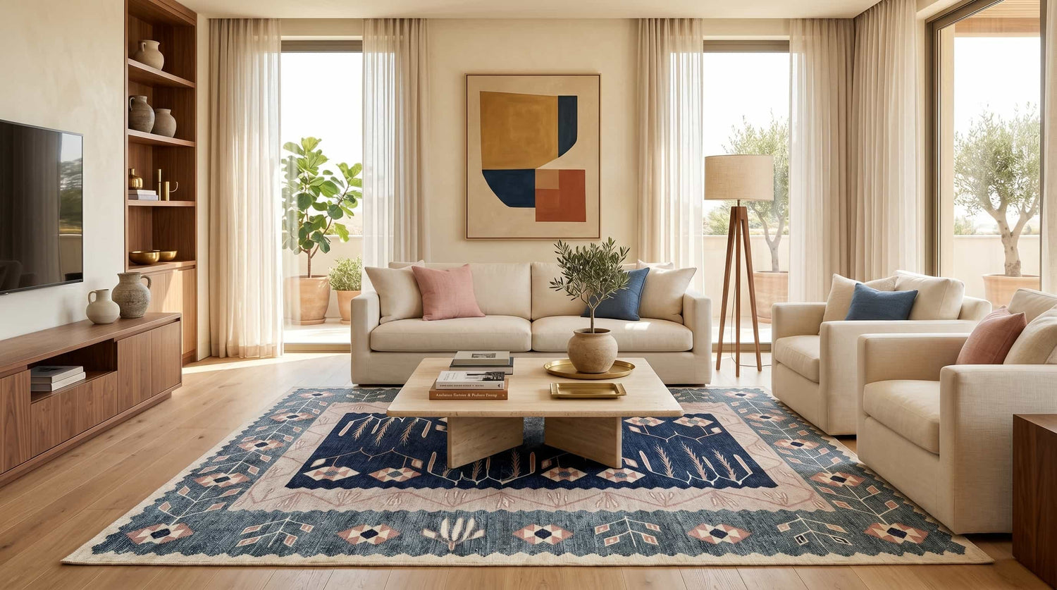 Geometrik Botanik Desenli Lacivert ve Pudra Pembe Etnik Halı - AR862CN - Pera Halı