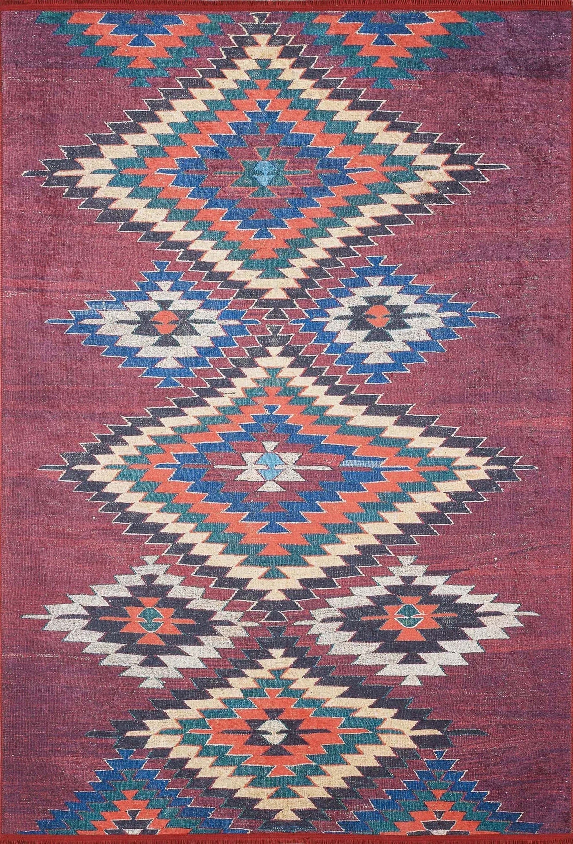 Koyu Kırmızı Geometrik Desenli Anadolu Kilim Halı - Pera Halı