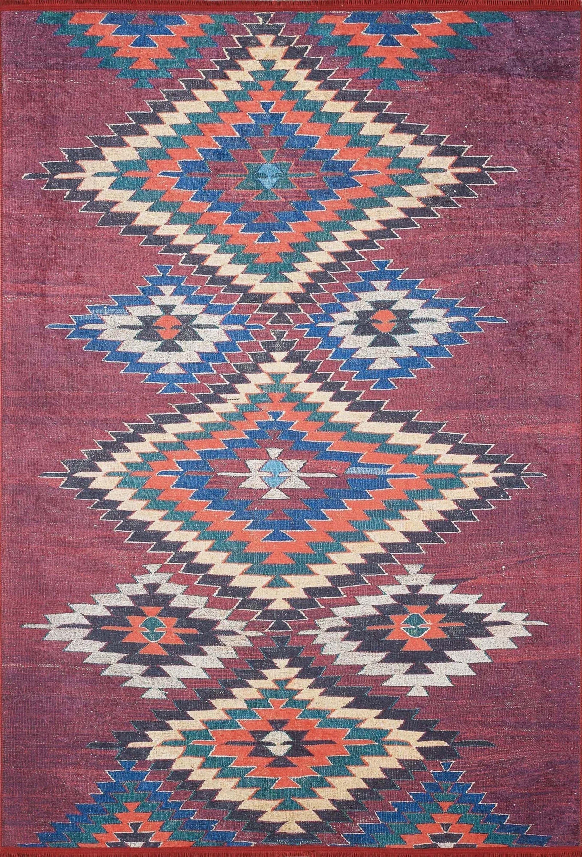 Koyu Kırmızı Geometrik Desenli Anadolu Kilim Halı - Pera Halı