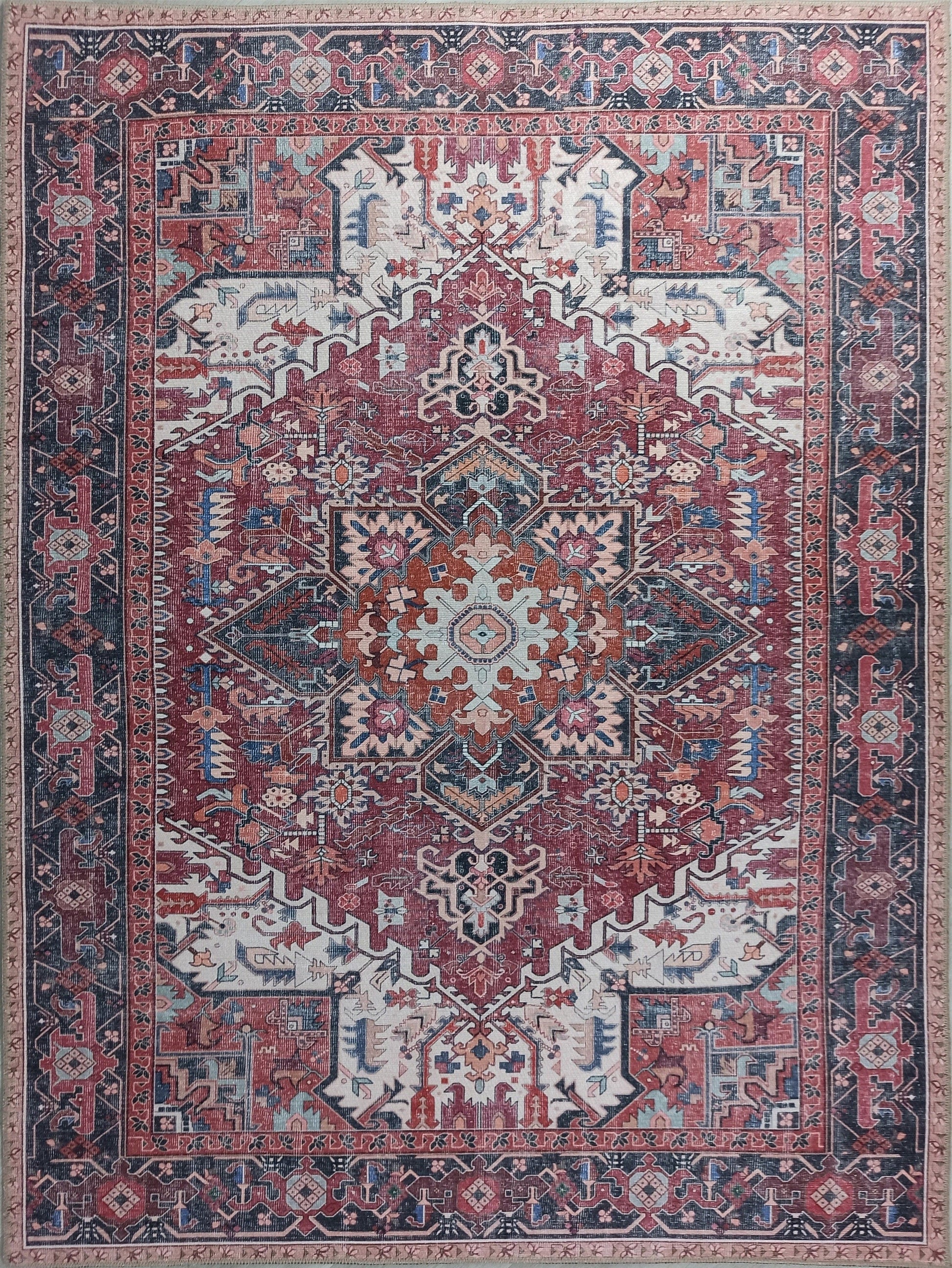 Fușya Pembe ve Kırmızı Madalyon Desenli Vintage Halı - Pera Halı