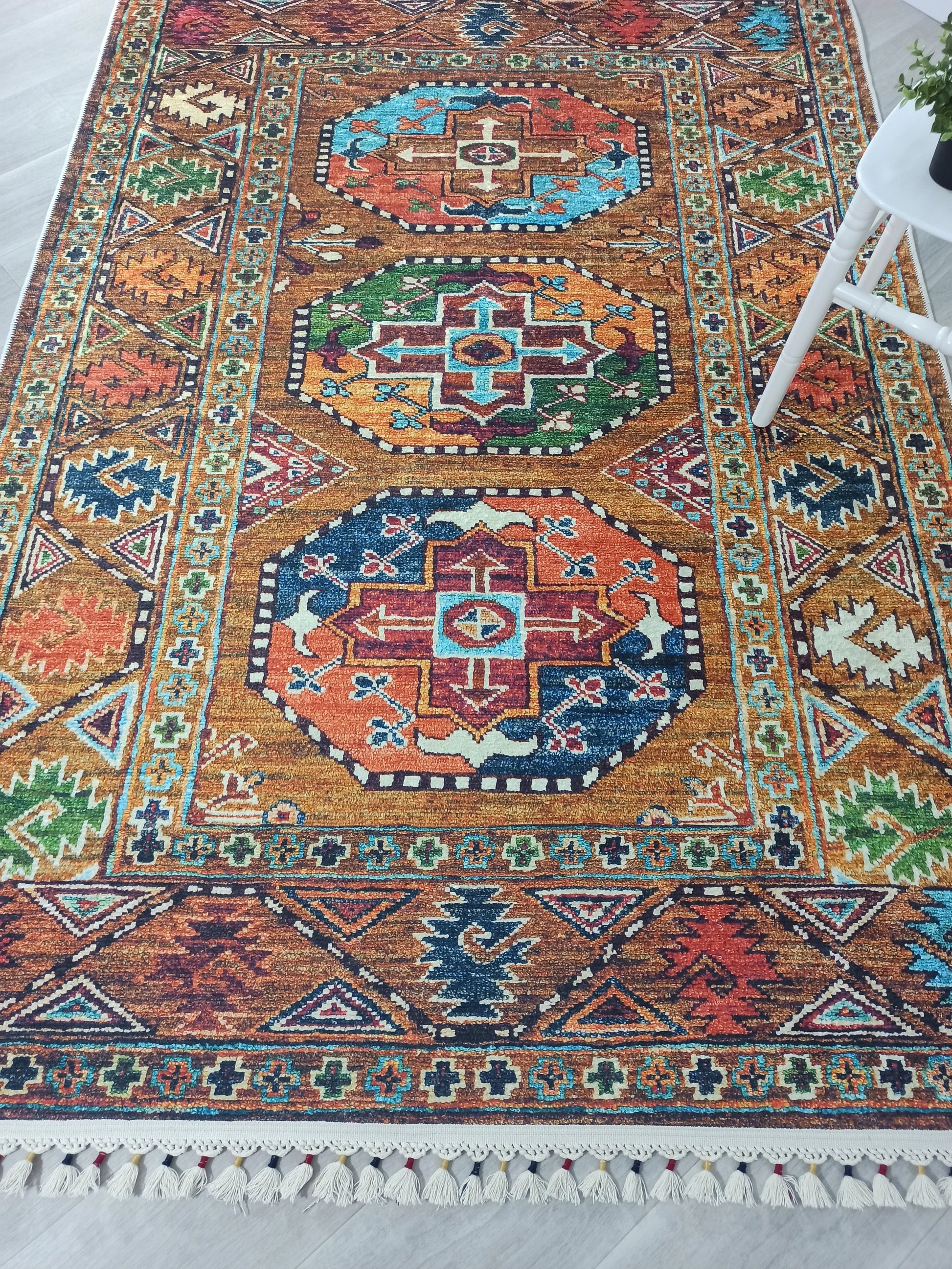 Etnik Kahverengi Çok Renkli Bohem Halı