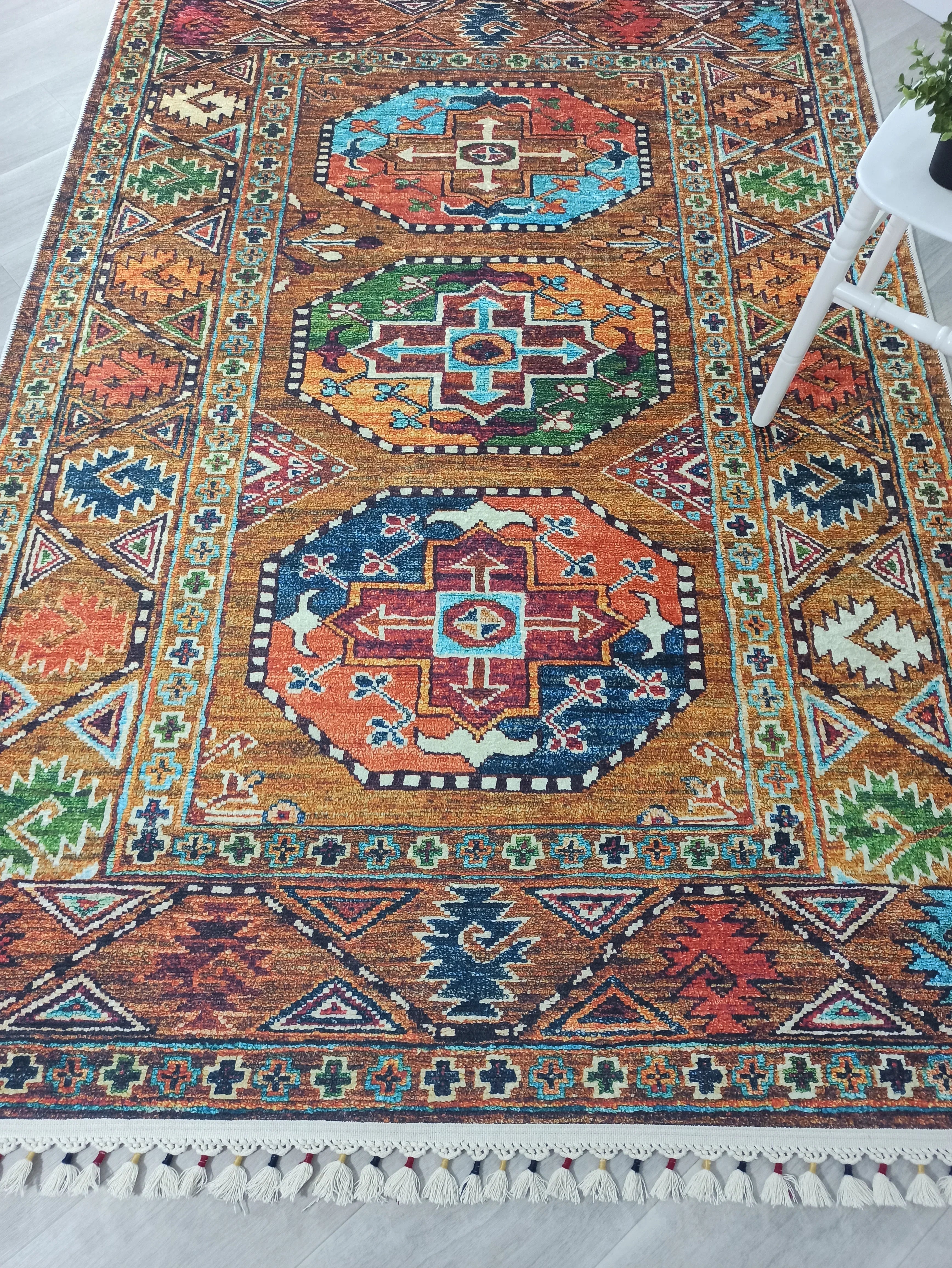 Etnik Kahverengi Çok Renkli Bohem Halı