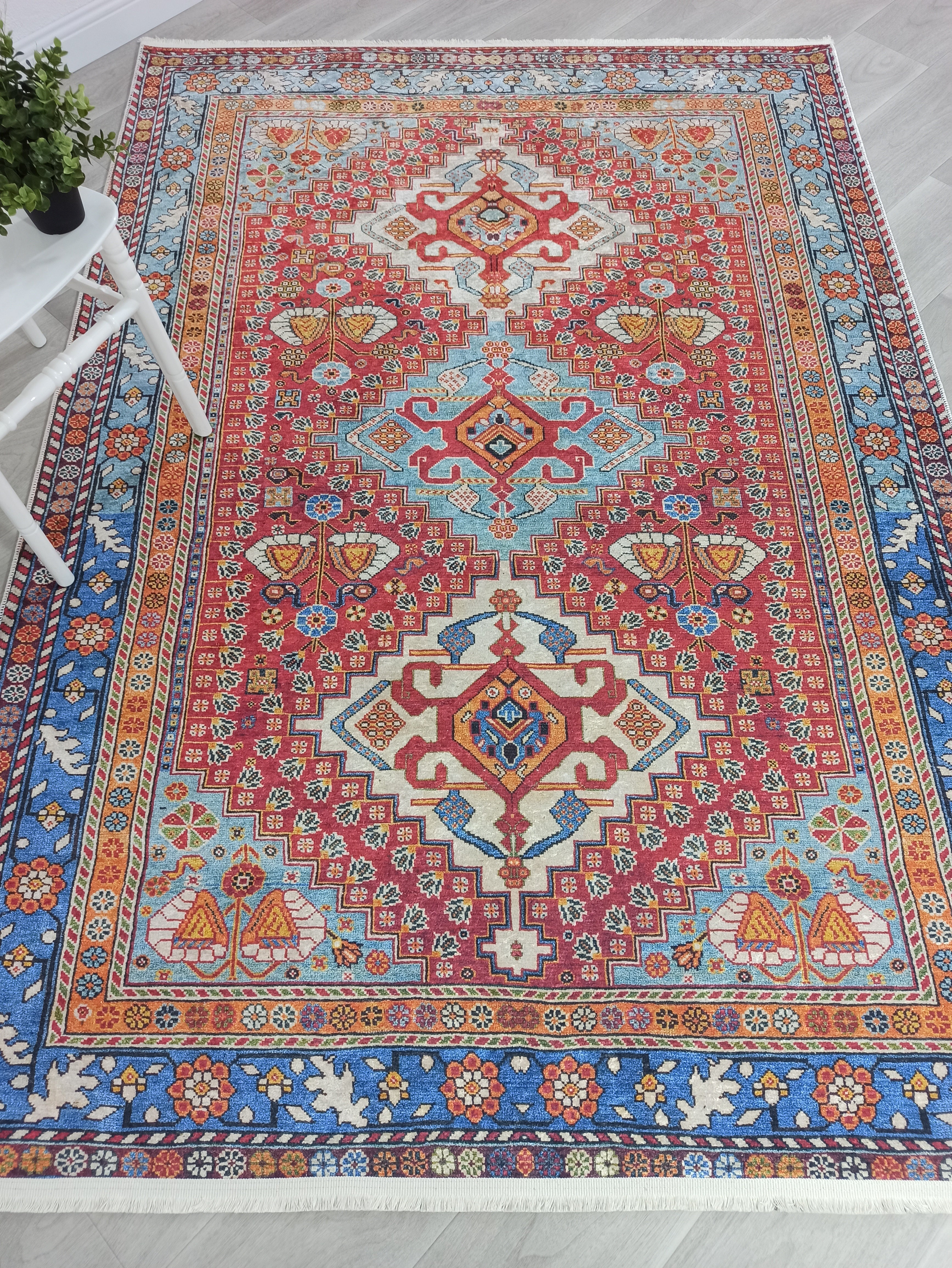Kırmızı Mavi Vintage Otantik Halı