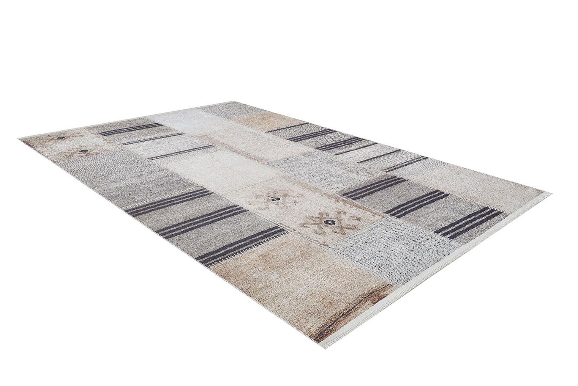 Geometrik Desenli Vintage Bej Siyah Kilim Halı - Pera Halı