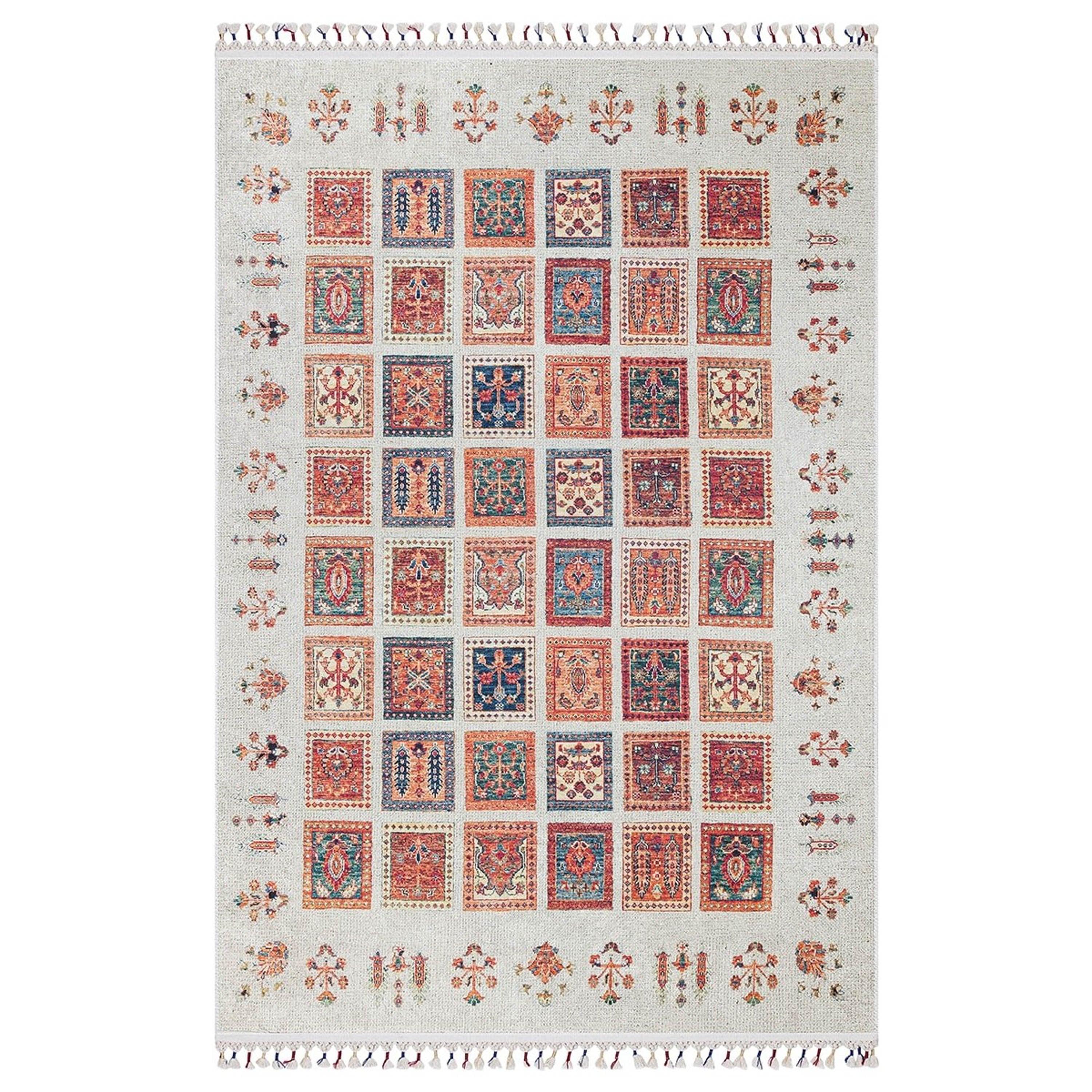 Krem Renkli Patchwork Desenli Vintage Kilim Halı
