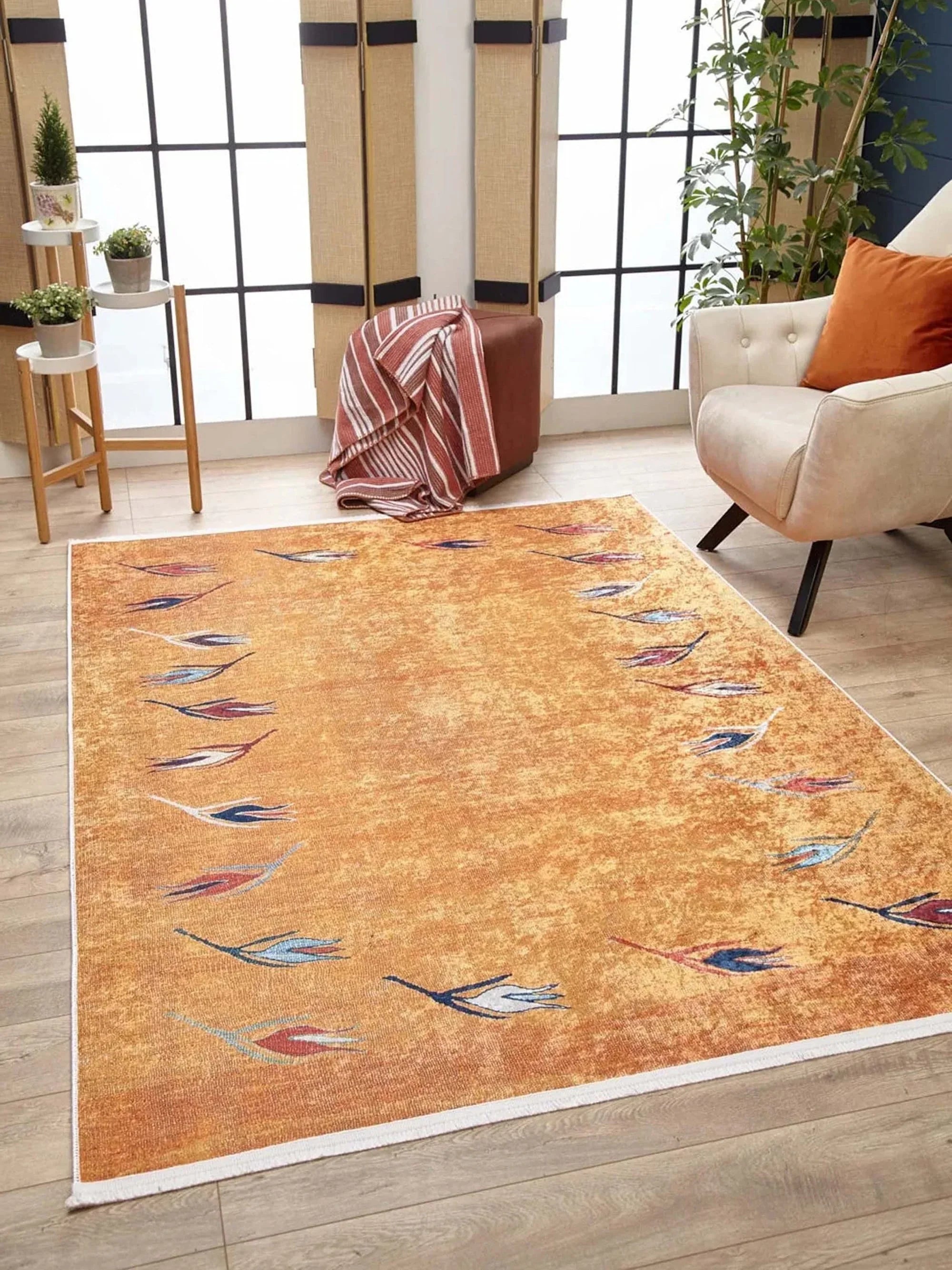 Açık Mavi ve Turuncu Yaprak Desenli Anadolu Kilim Halı