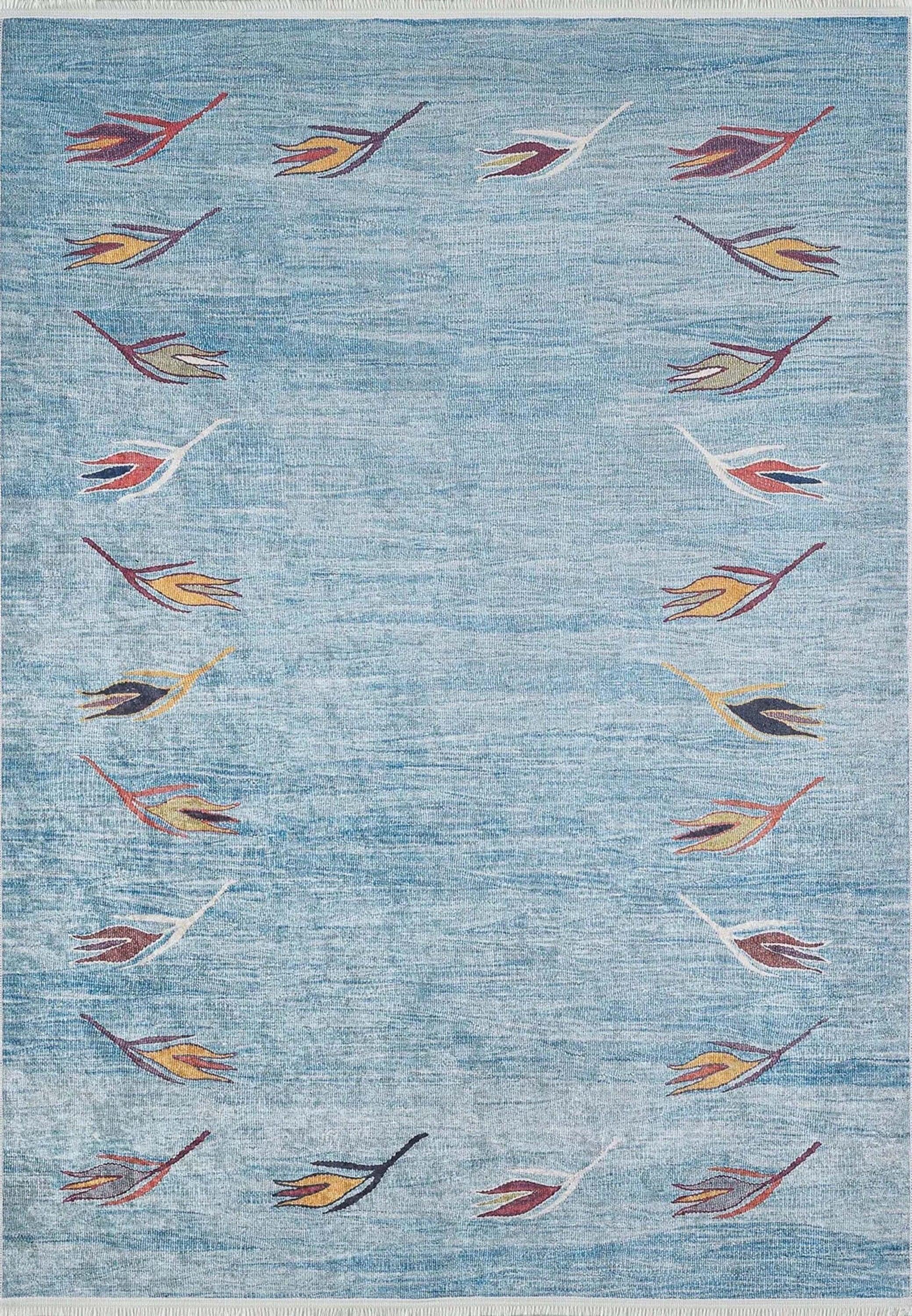 Açık Mavi ve Turuncu Yaprak Desenli Anadolu Kilim Halı