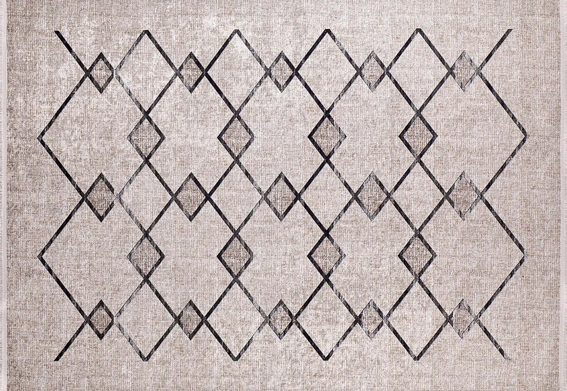 Bohem Bej Siyah Geometrik Desenli Halı - Pera Halı