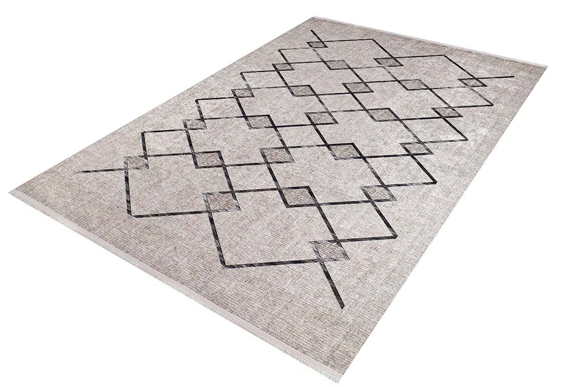 Bohem Bej Siyah Geometrik Desenli Halı - Pera Halı