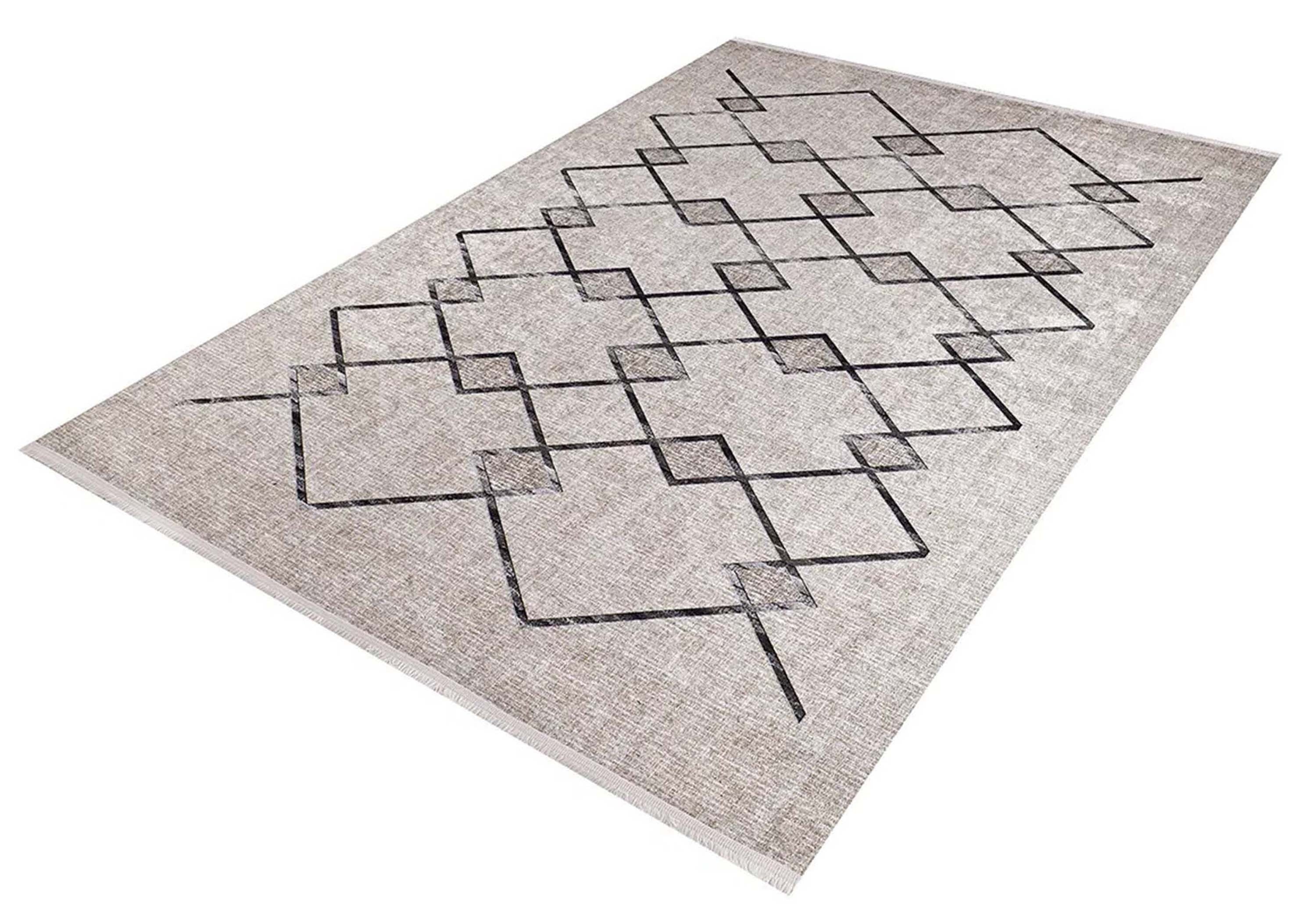 Bohem Bej Siyah Geometrik Desenli Halı - Pera Halı