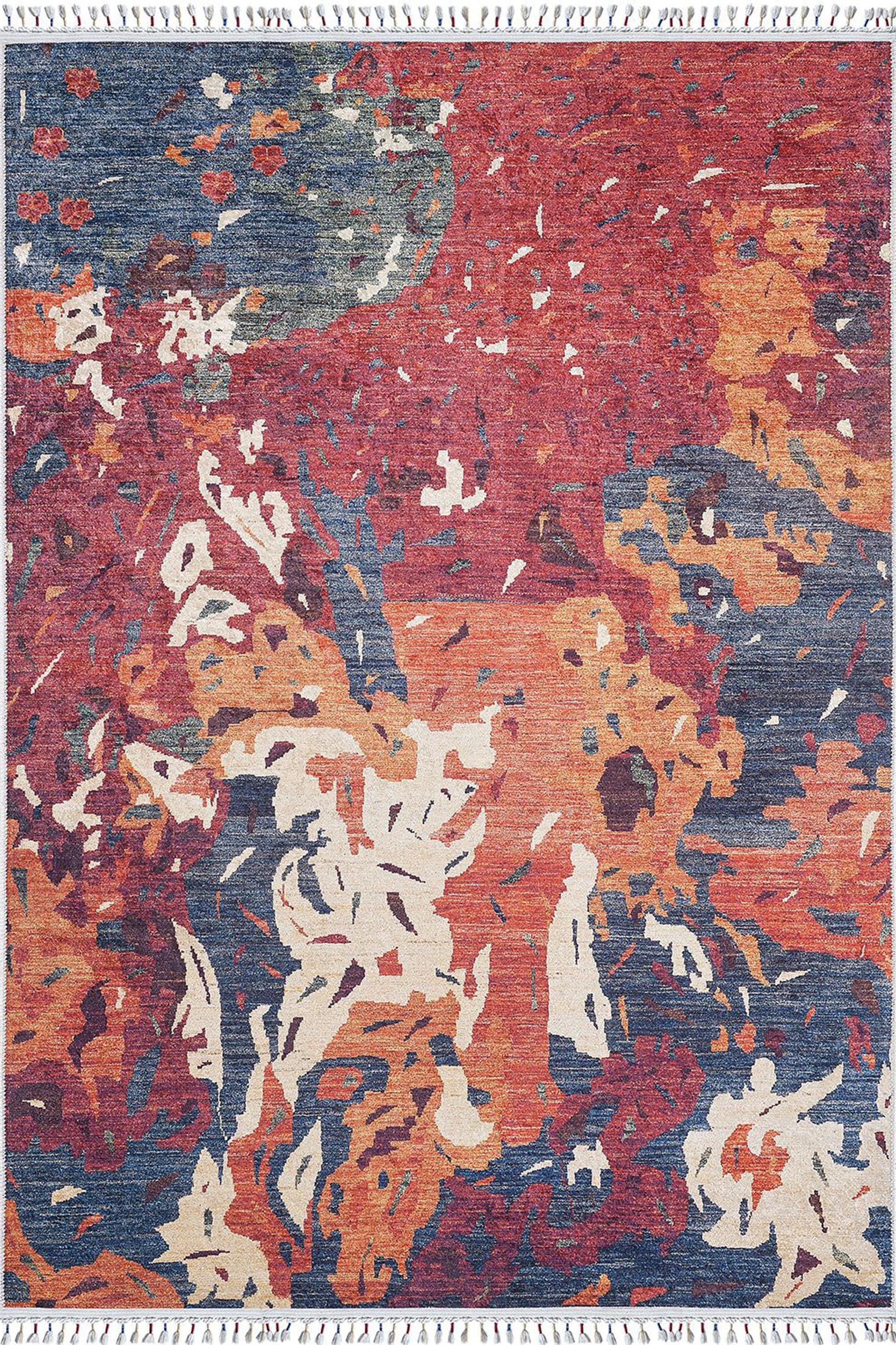 Modern Kırmızı Bej Mavi Turuncu Abstract Desenli Halı