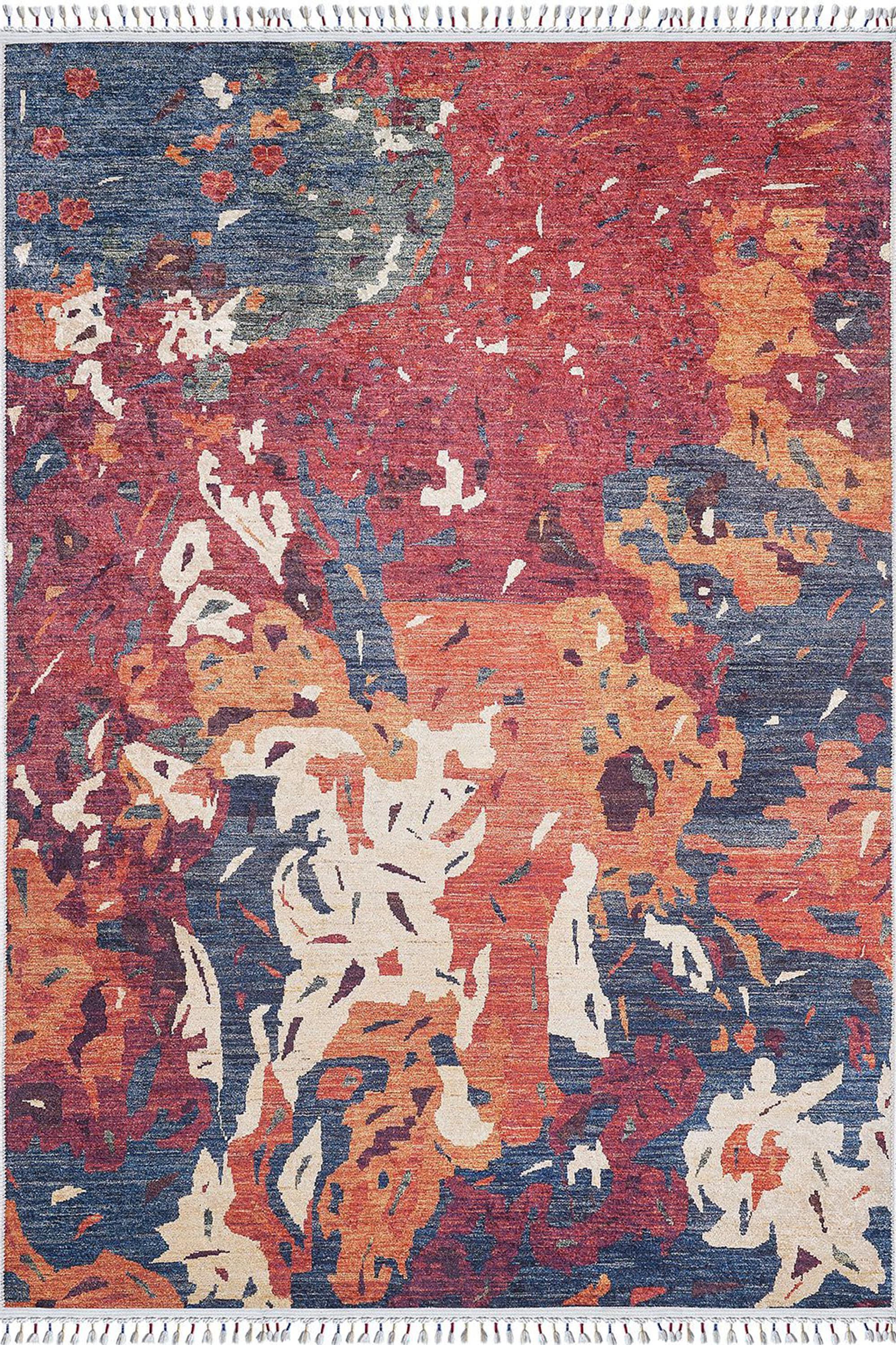 Modern Kırmızı Bej Mavi Turuncu Abstract Desenli Halı