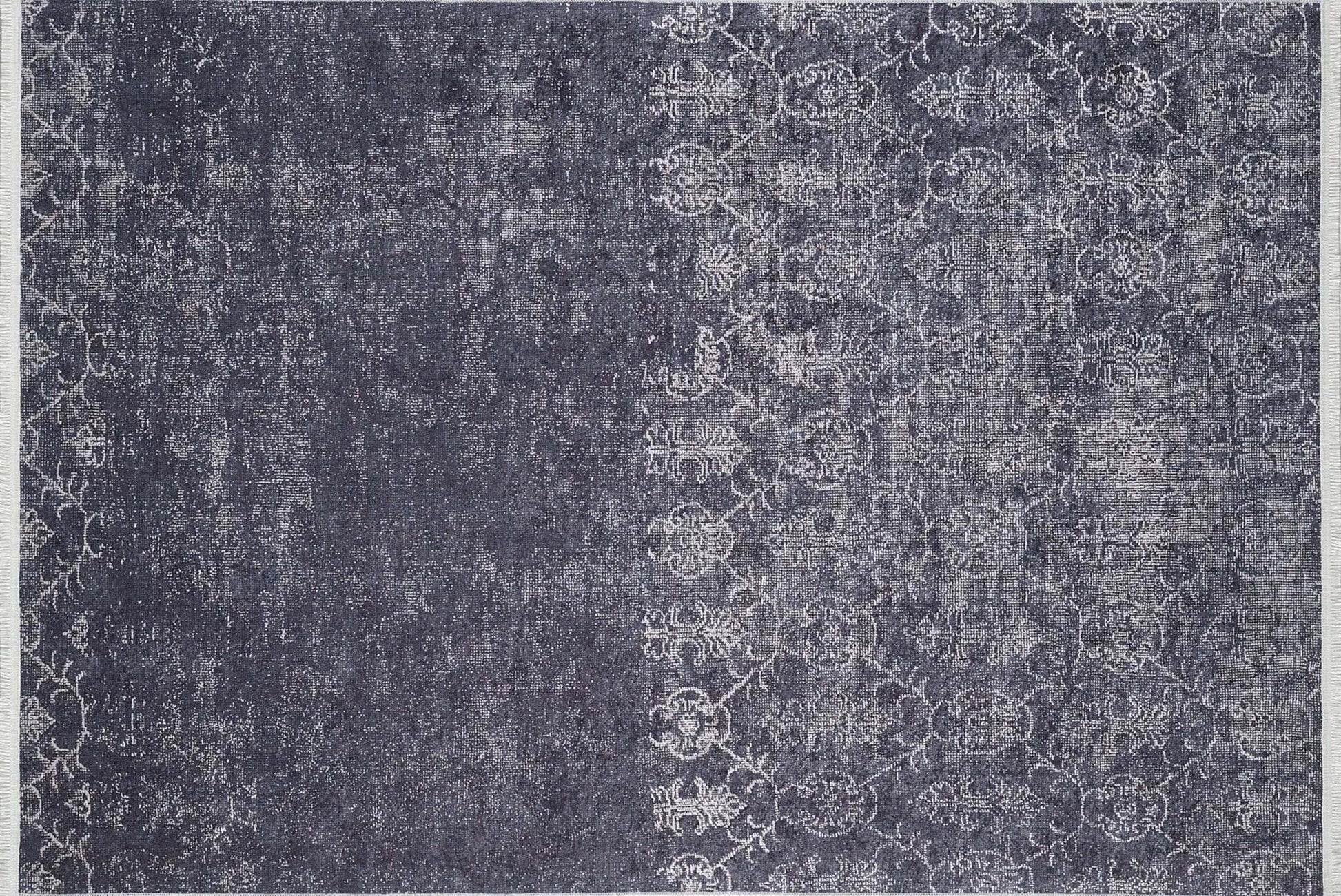 Siyah Beyaz Geometrik Çiçek Desenli Eskitme Halı