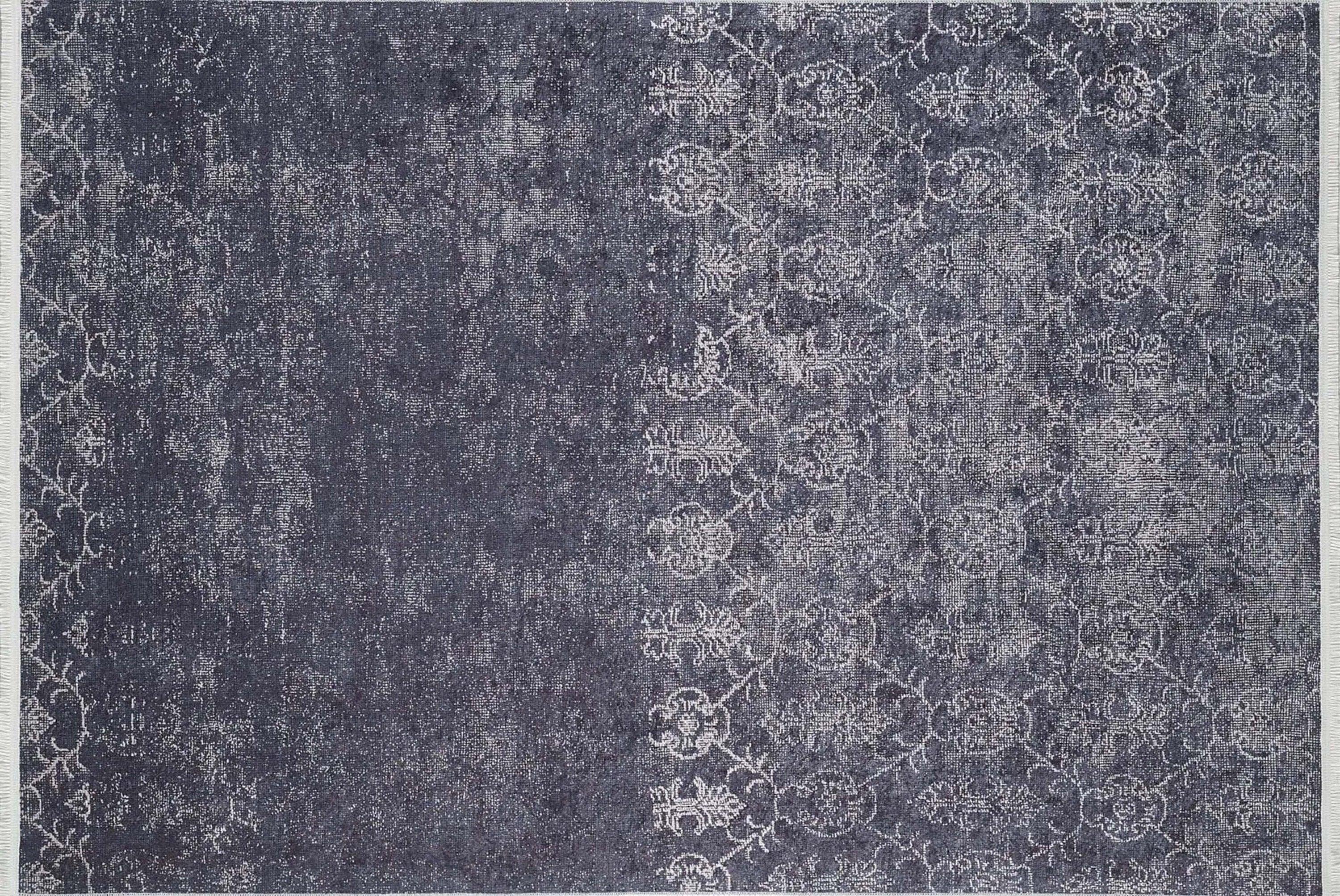 Siyah Beyaz Geometrik Çiçek Desenli Eskitme Halı