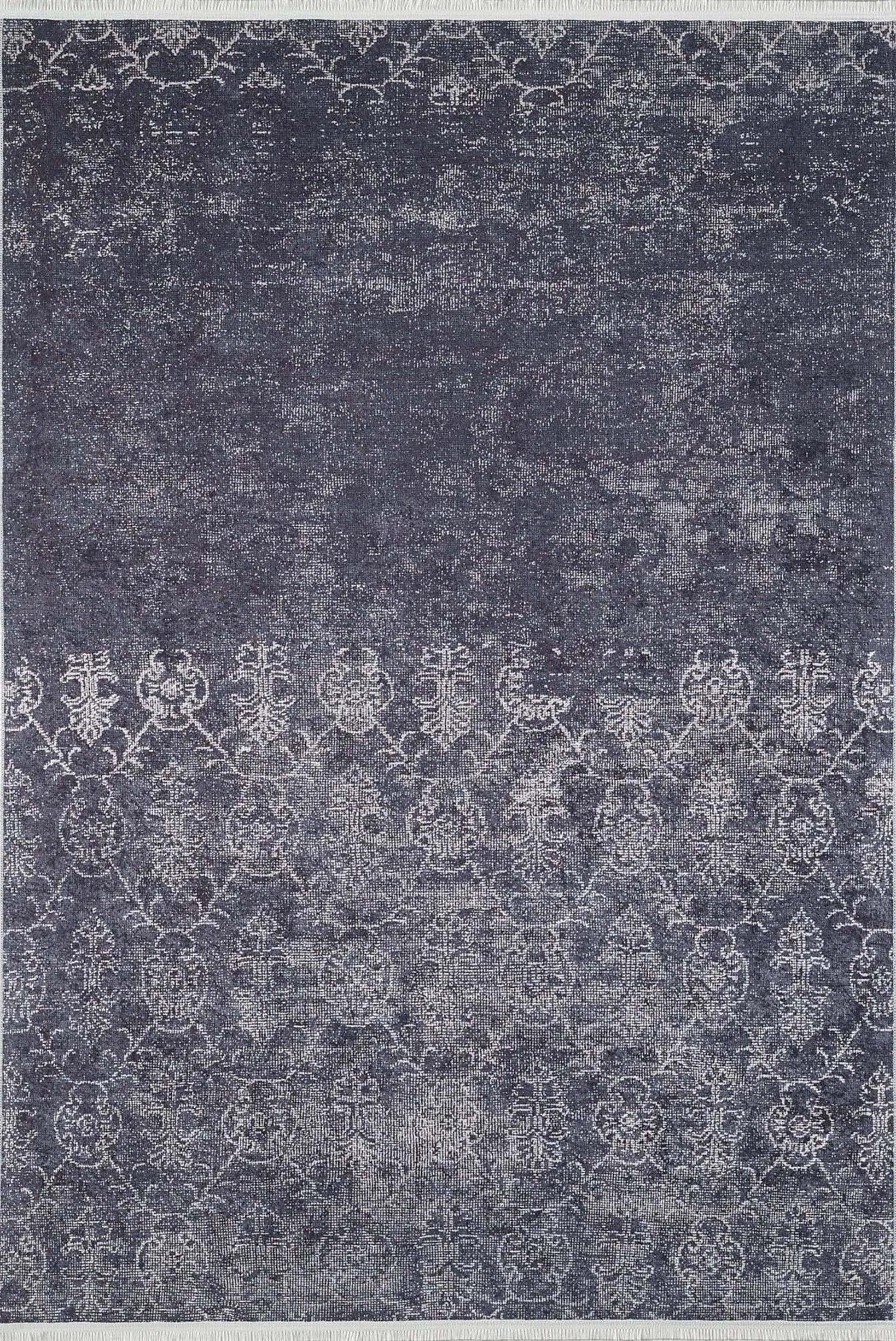 Siyah Beyaz Geometrik Çiçek Desenli Eskitme Halı