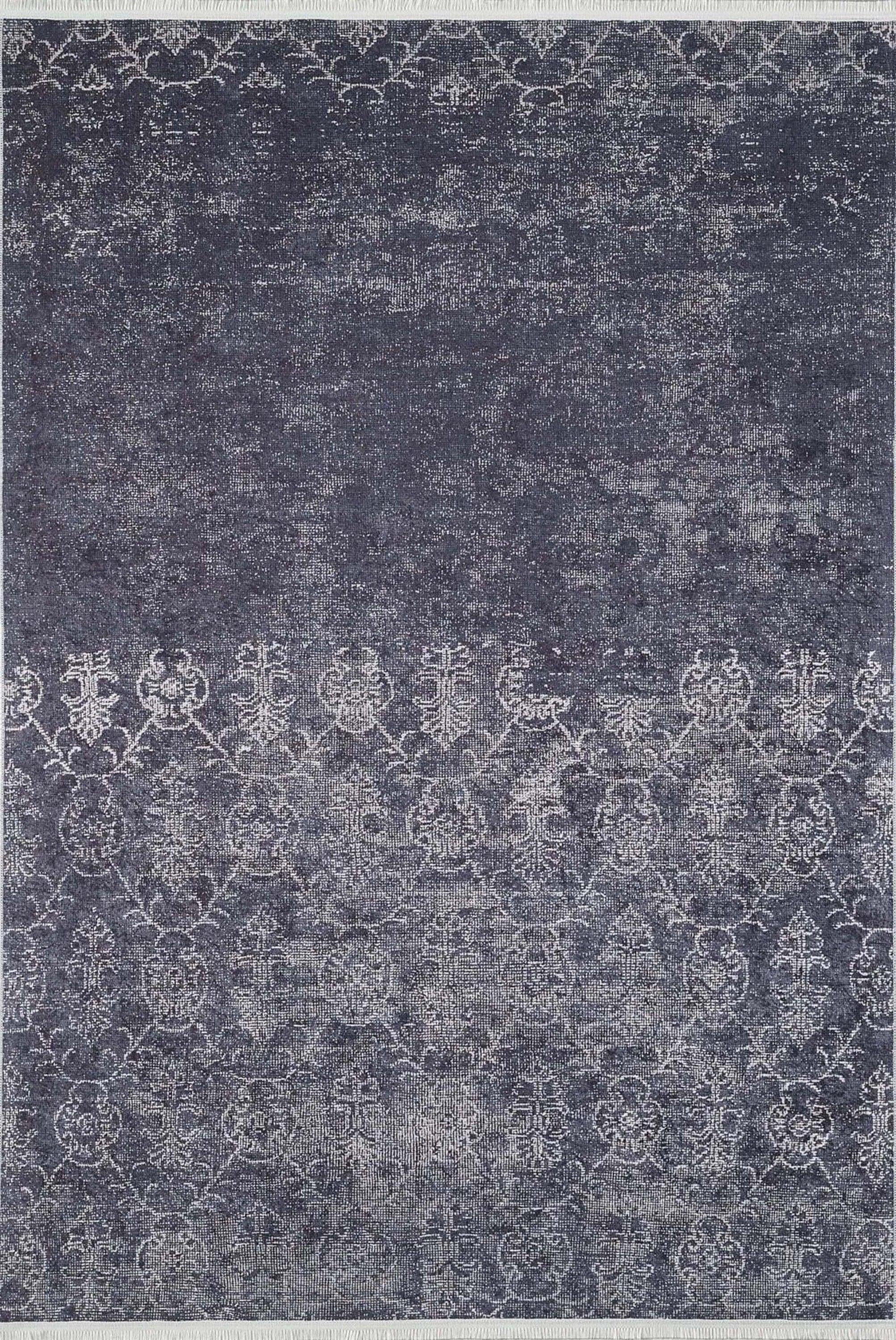 Siyah Beyaz Geometrik Çiçek Desenli Eskitme Halı