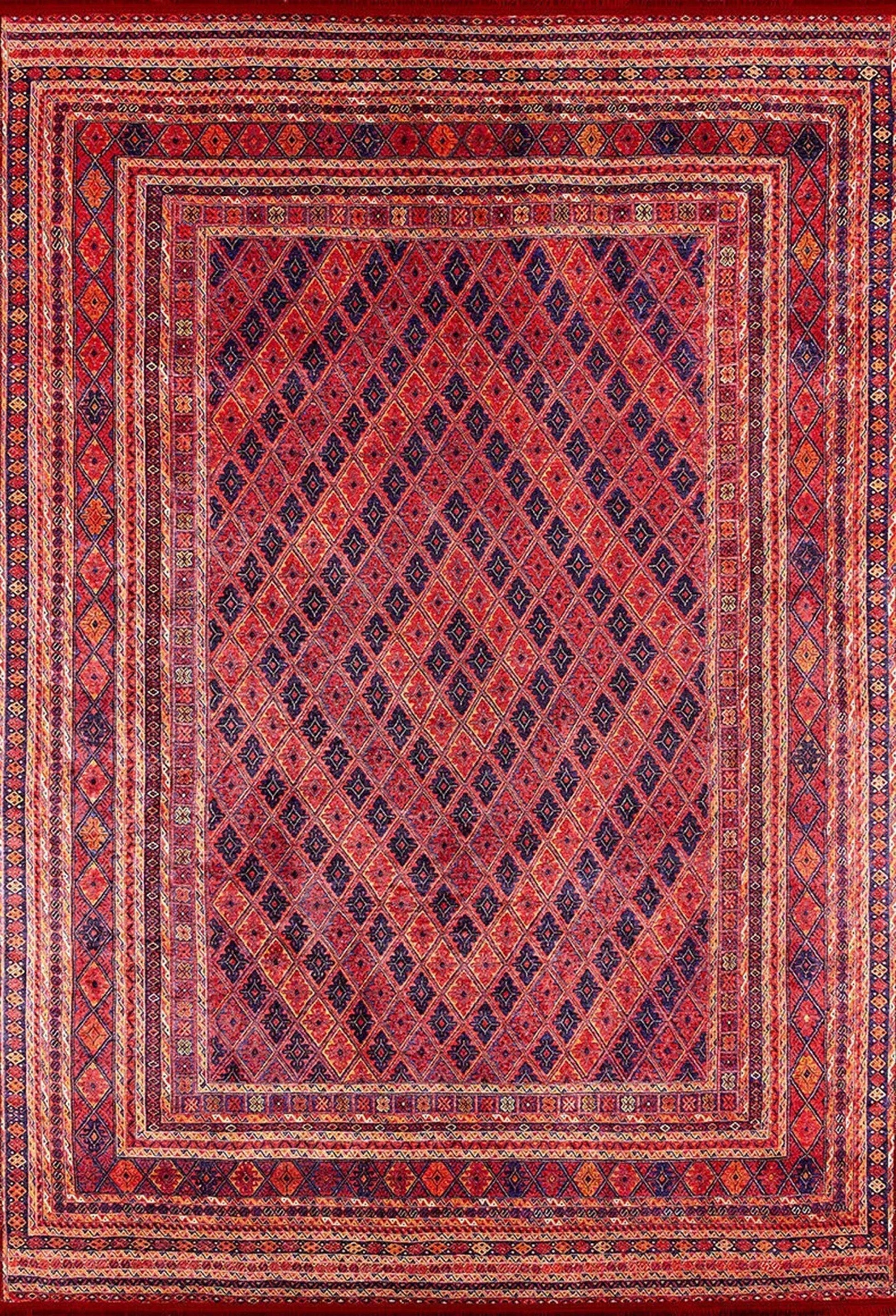 Kiremit Kırmızı ve Lacivert Geometrik Desenli Anadolu Kilim Halı - Pera Halı