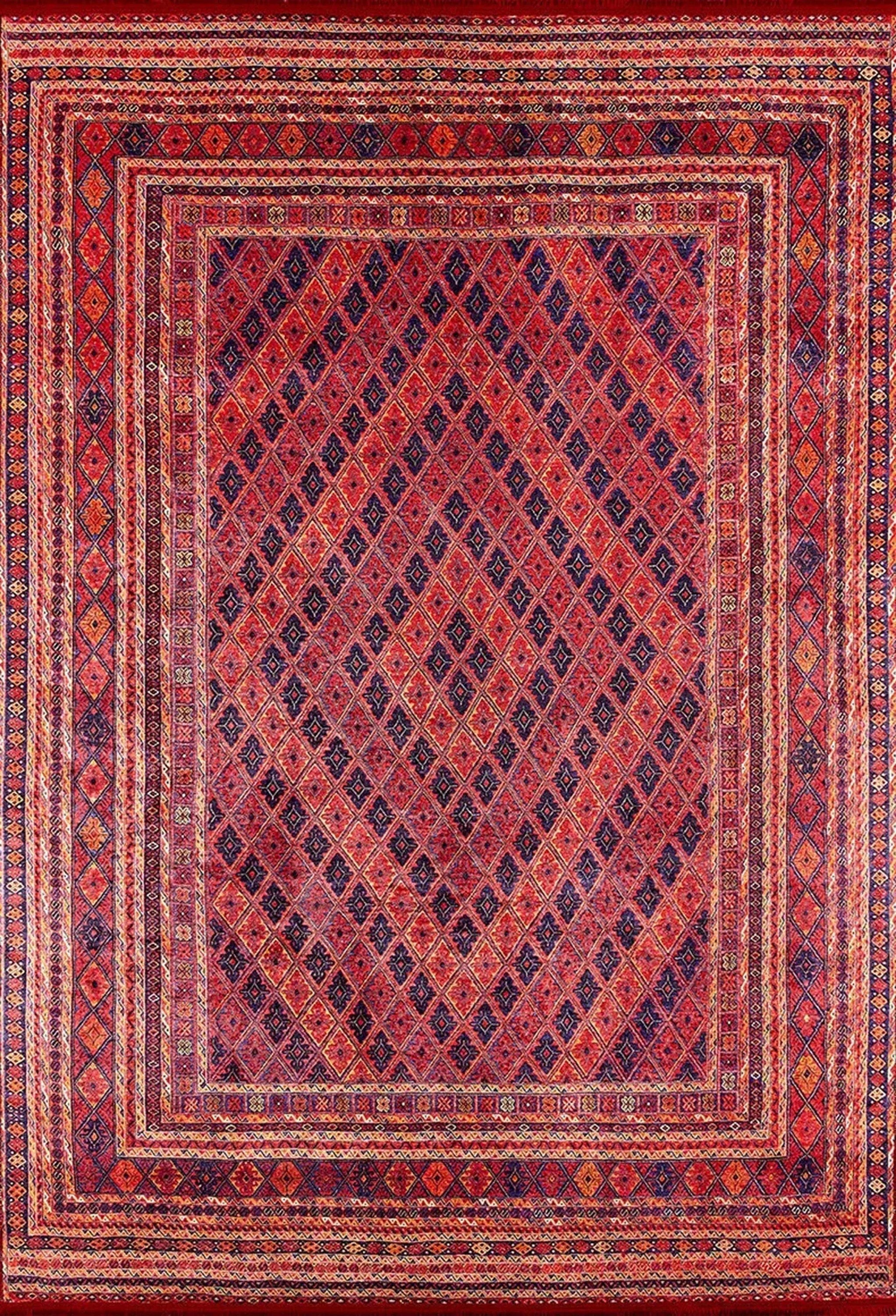 Kiremit Kırmızı ve Lacivert Geometrik Desenli Anadolu Kilim Halı