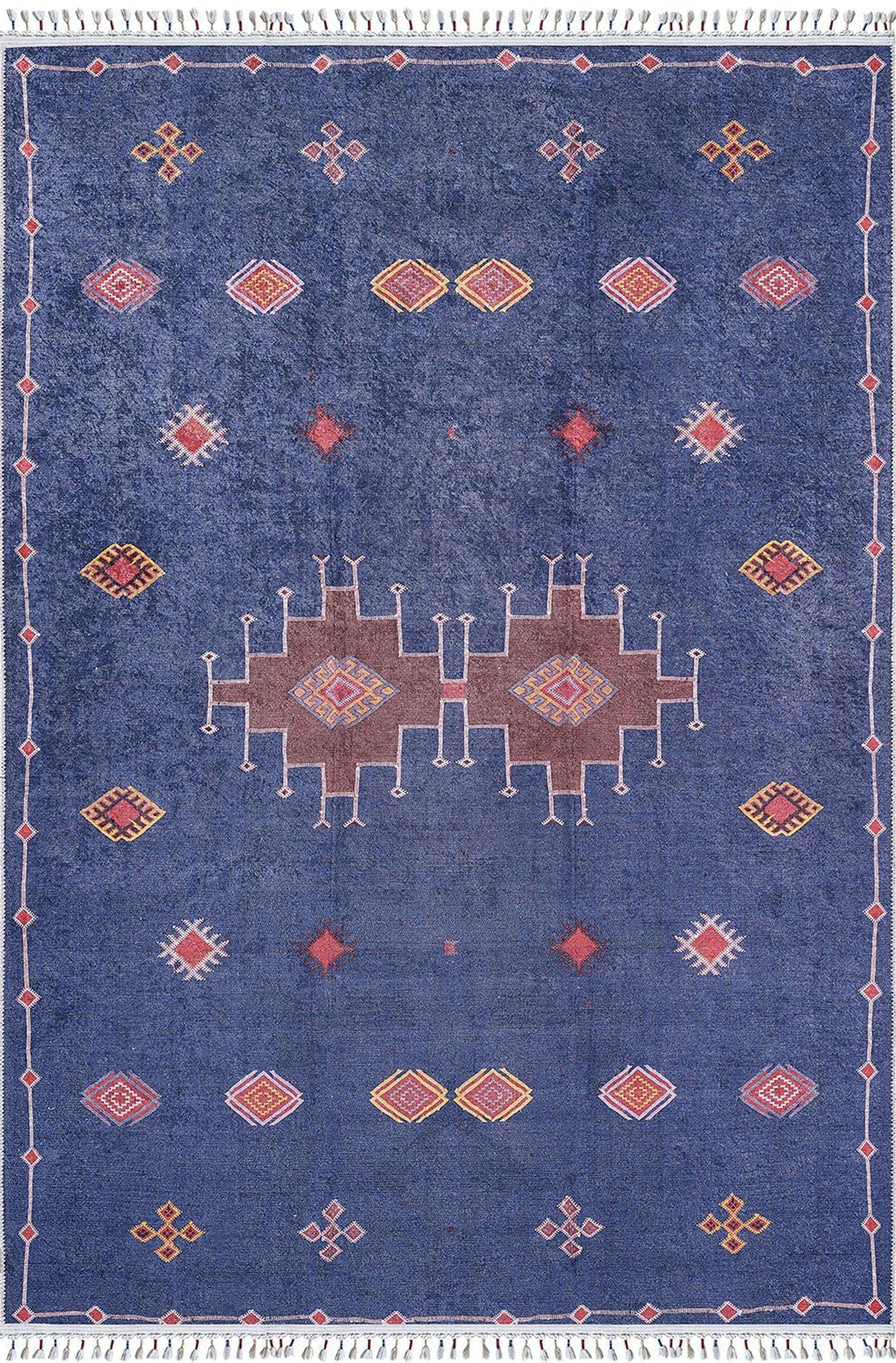 Lacivert Kırmızı Geometrik Desenli Anadolu Kilim Halı