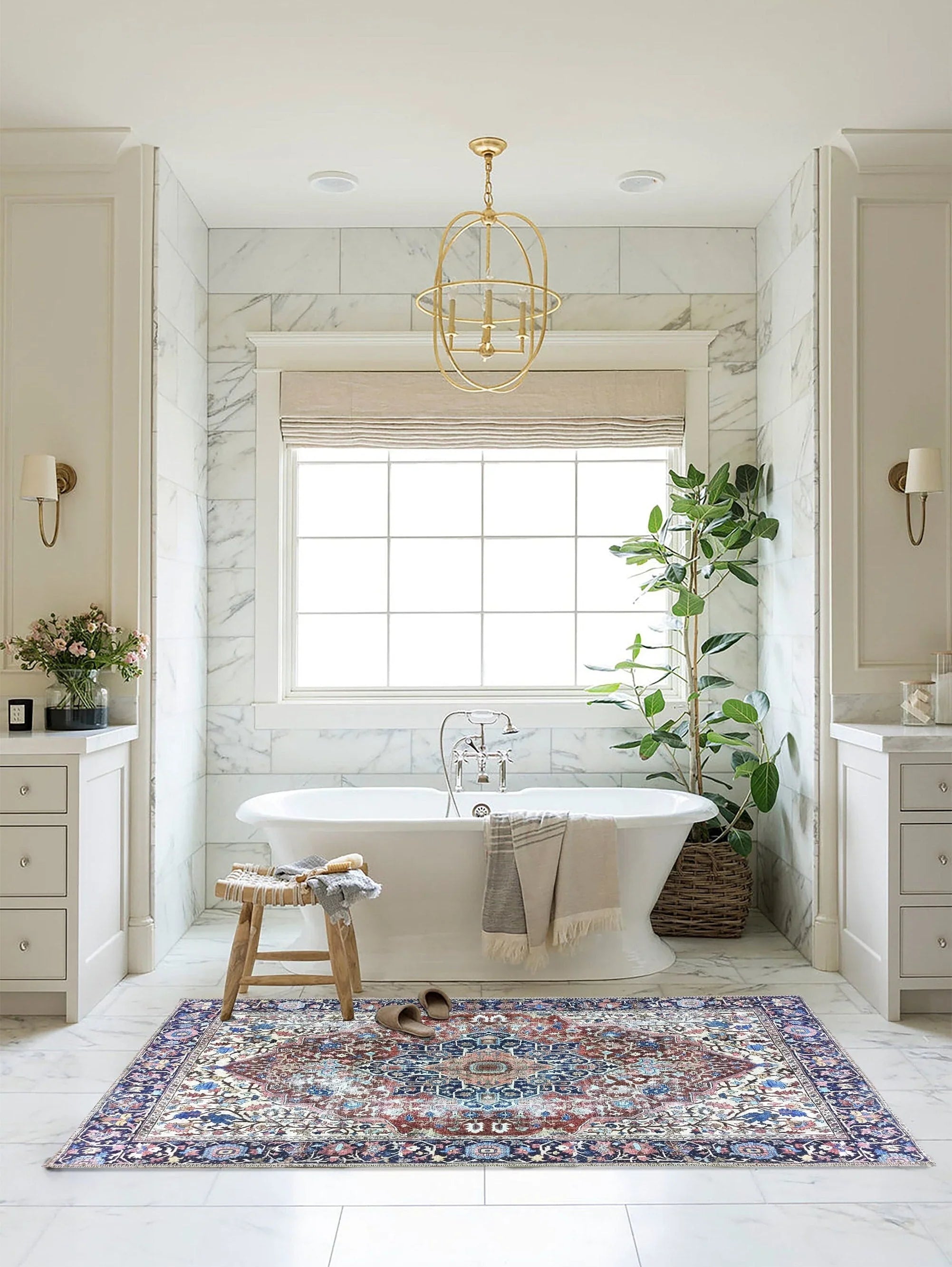 Lacivert ve Kahverengi Madalyon Desenli Vintage Halı