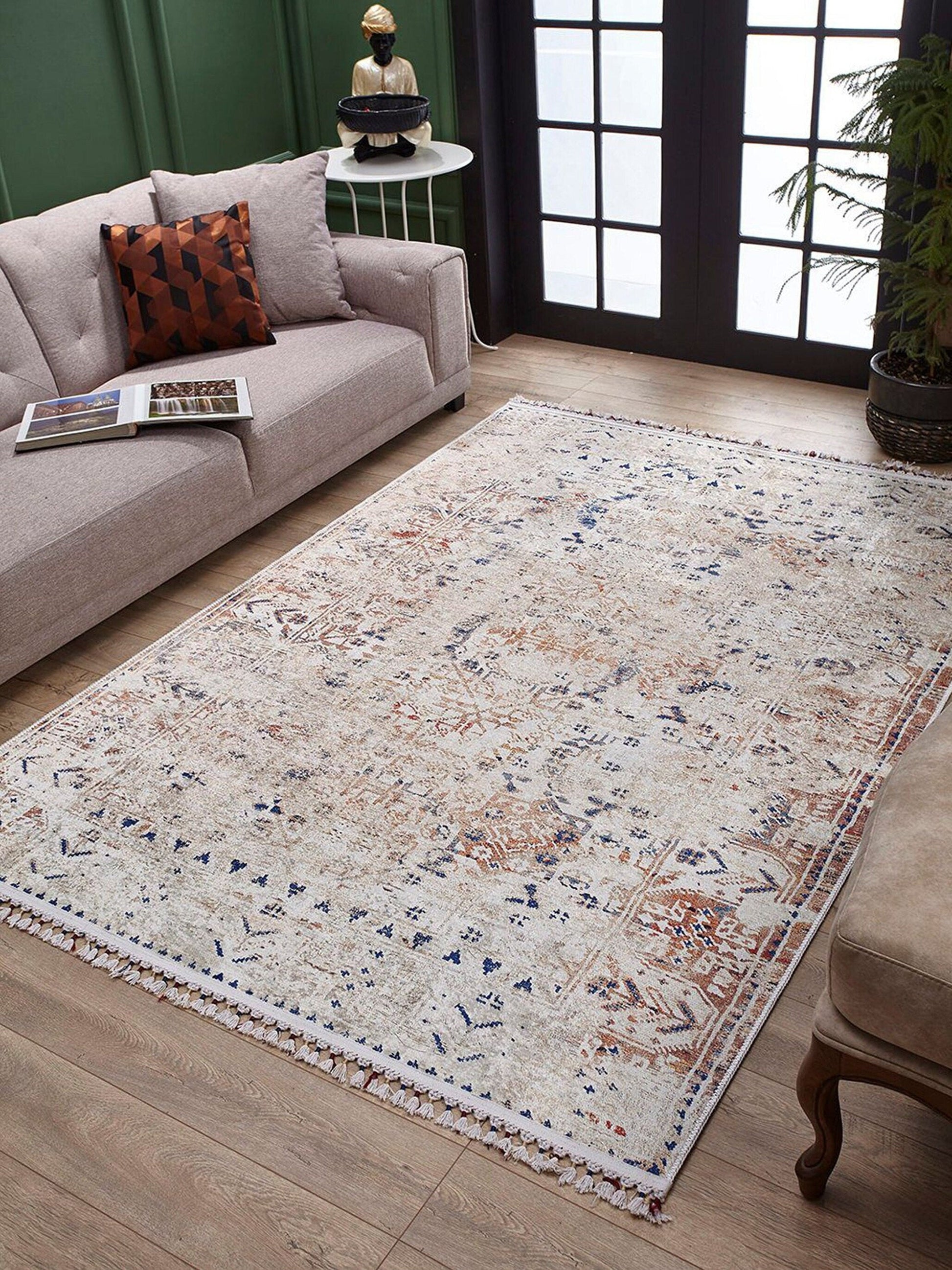 Bej Mavi Turuncu Modern Vintage Halı - Pera Halı