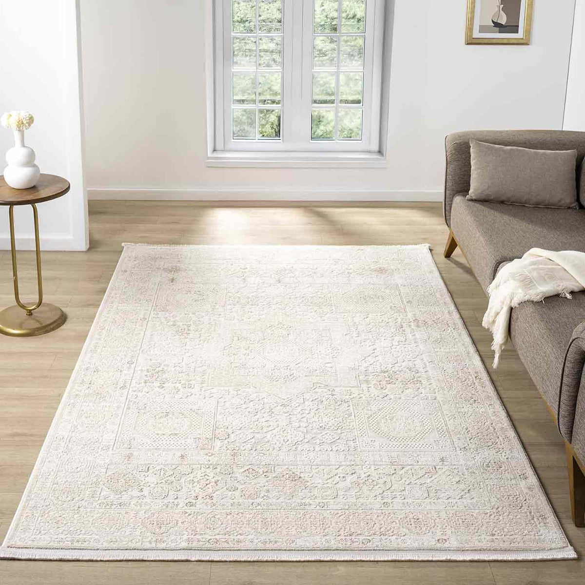 Minimal Krem Bej Eskitme Desenli Halı