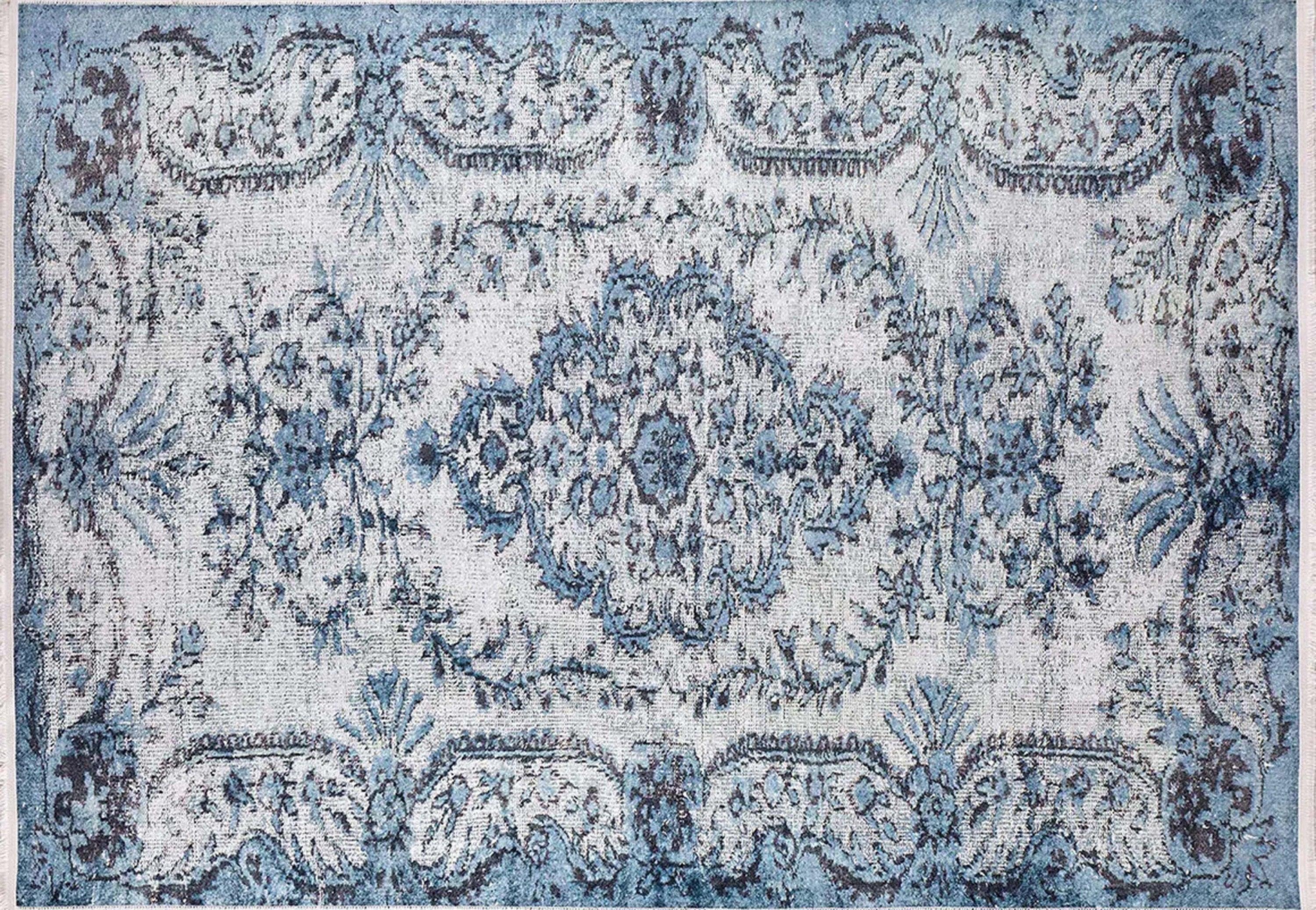 Eskitme Mavi Bej Geometrik Çiçek Desenli Halı