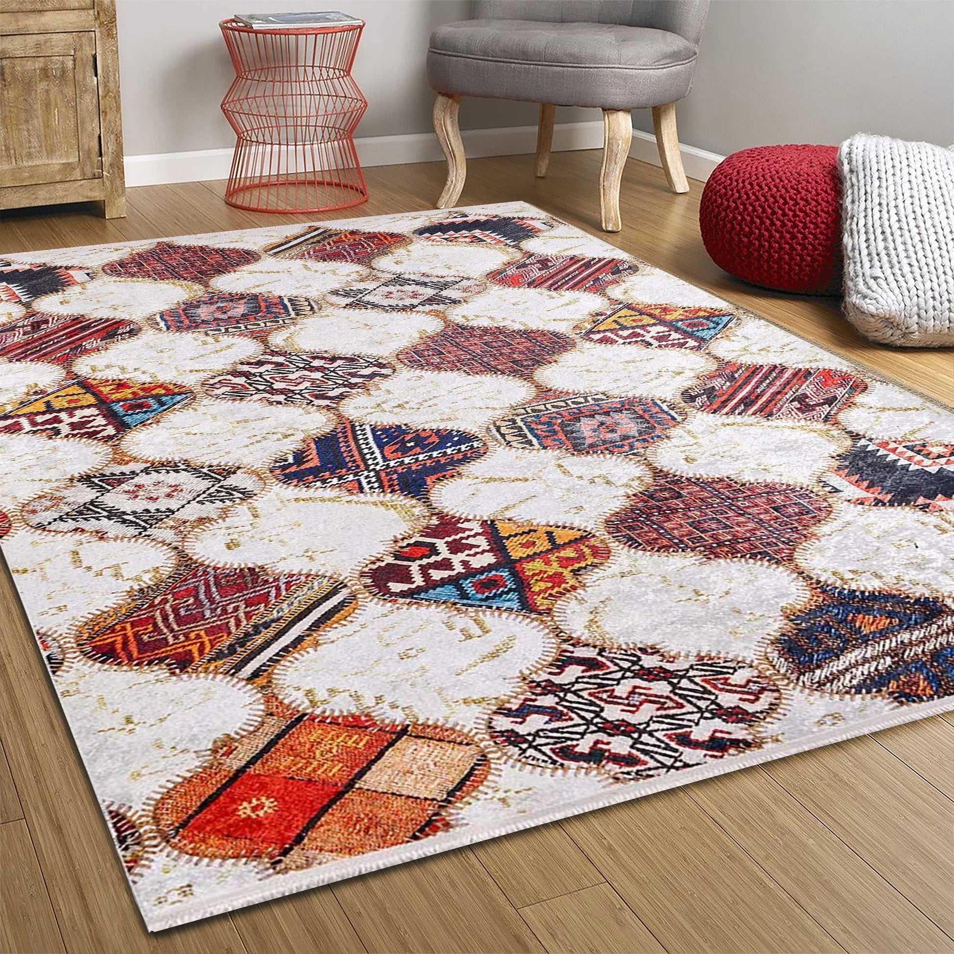Fas Tarzı Renkli Petek Desenli Patchwork Halı