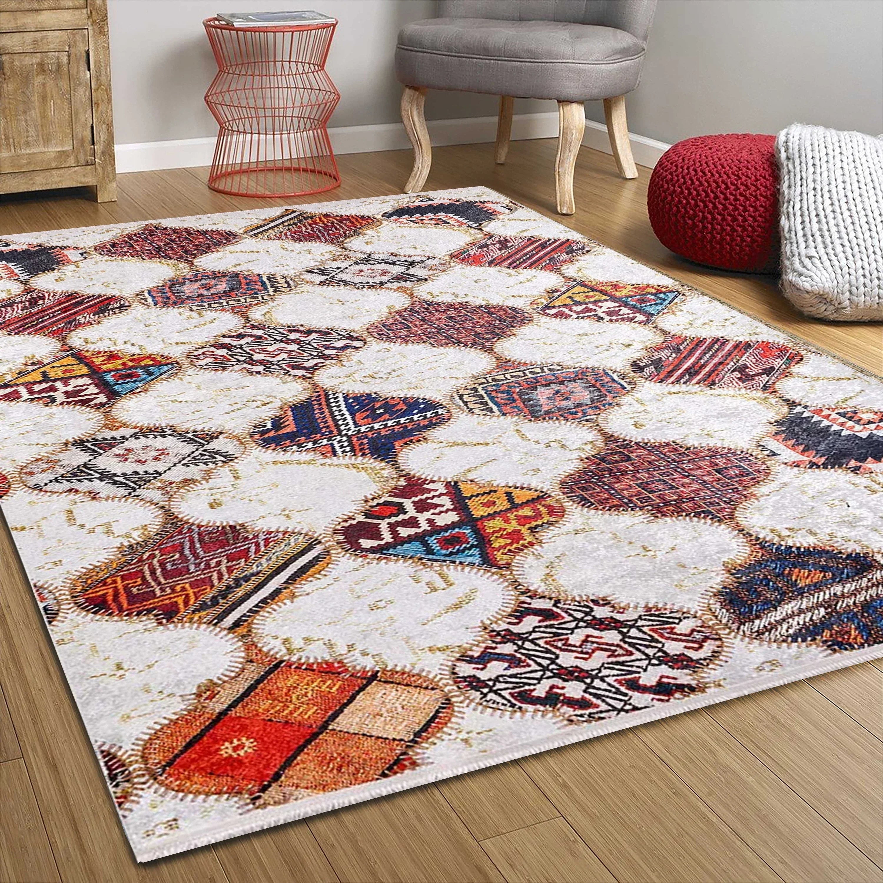 Fas Tarzı Renkli Petek Desenli Patchwork Halı