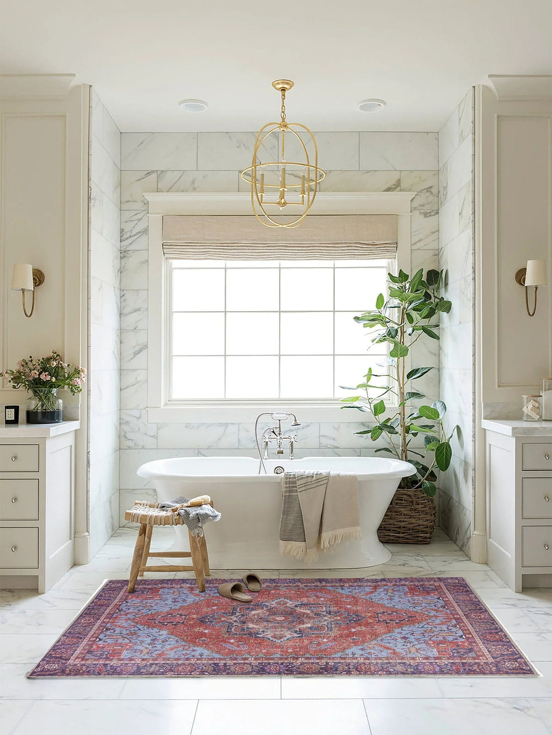 Kırmızı ve Mavi Madalyon Desenli Vintage Halı