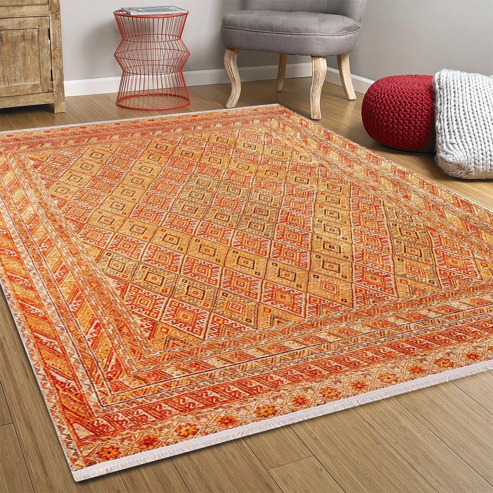 Geometrik Desenli Turuncu Sarı Kilim Halı