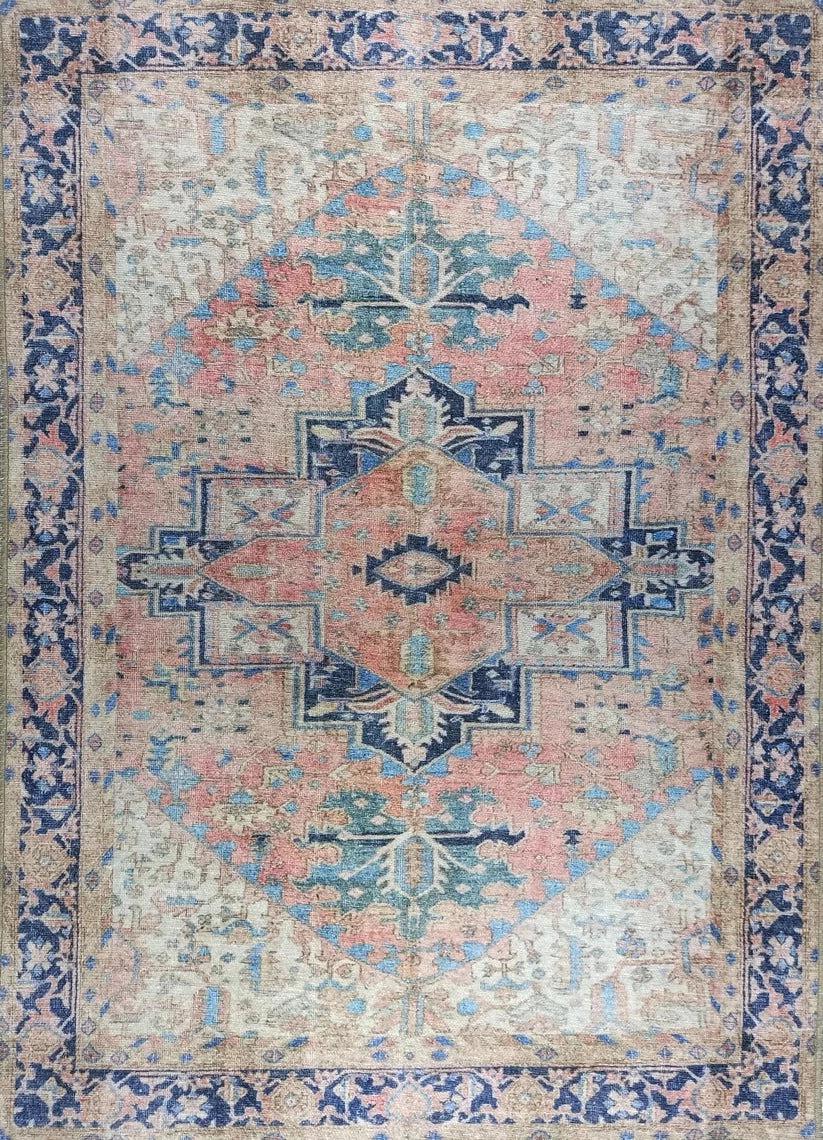 Bej ve Pudra Pembe Medalyonlu Vintage Pers Halısı