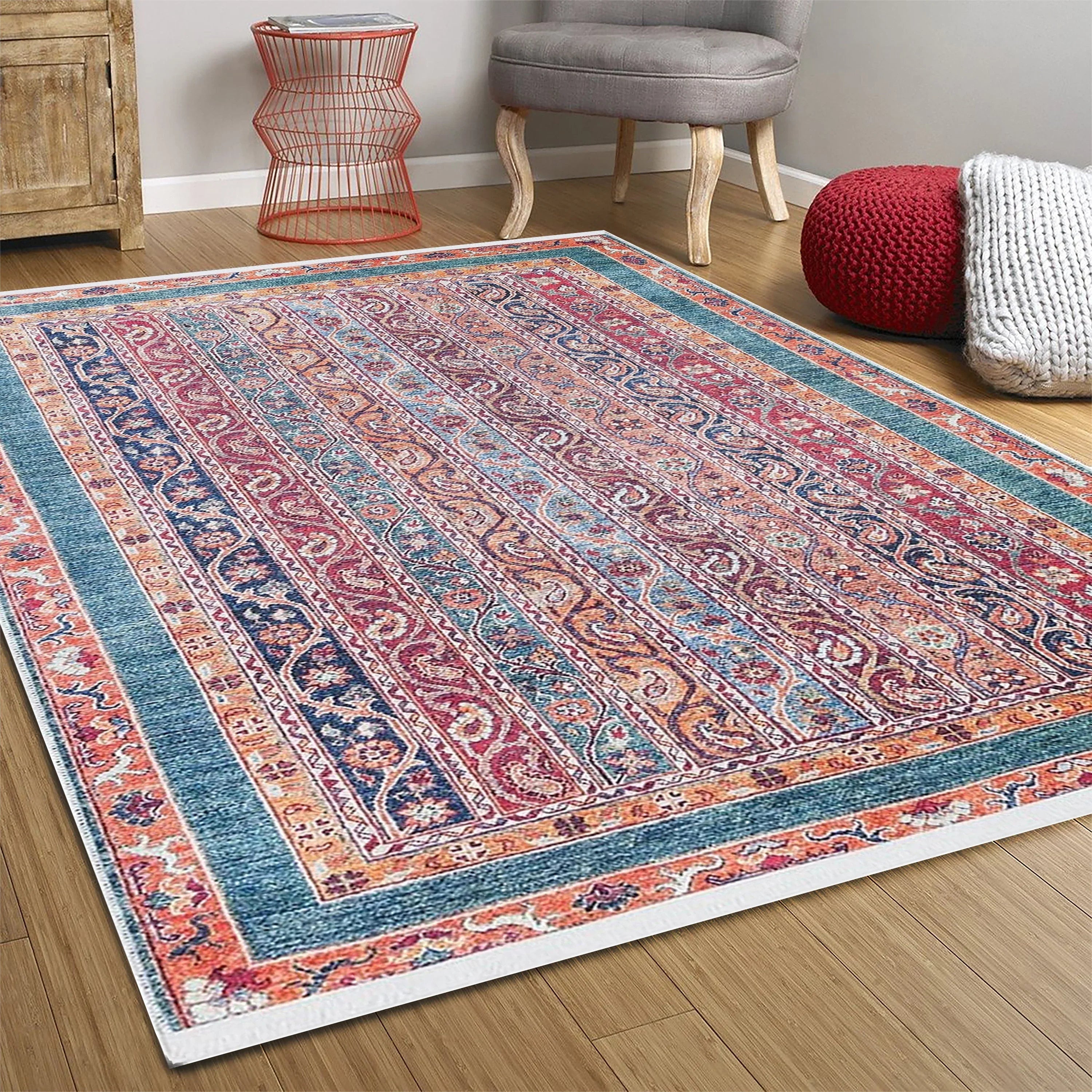 Paisley Şal Desenli Turuncu Kırmızı Halı