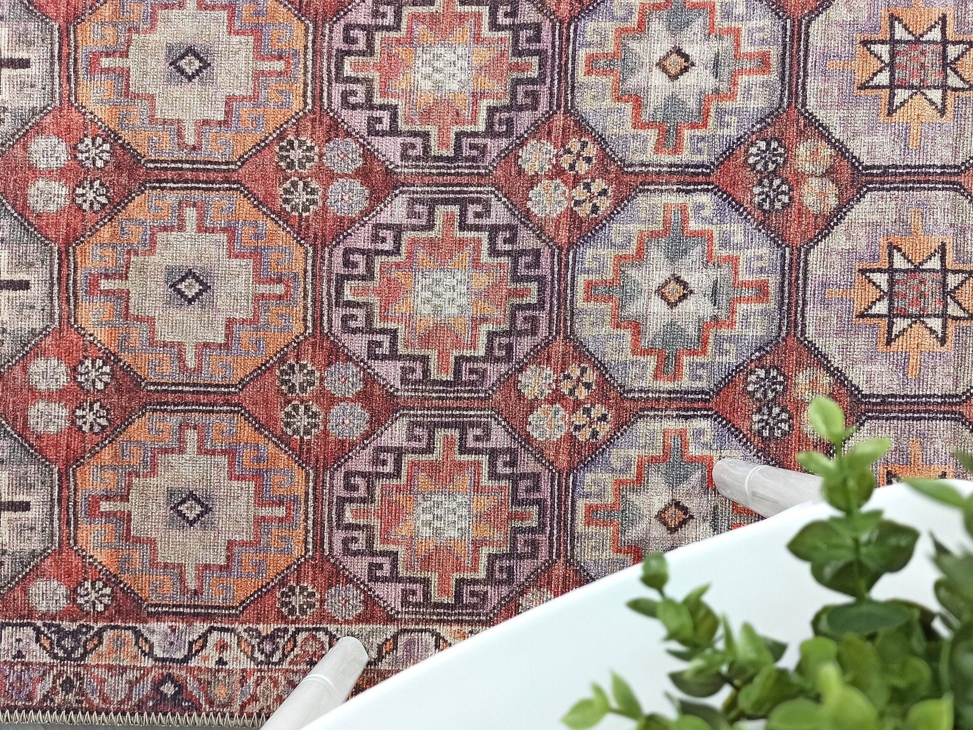 Kiremit ve Geometrik Desenli Vintage Halı - Pera Halı