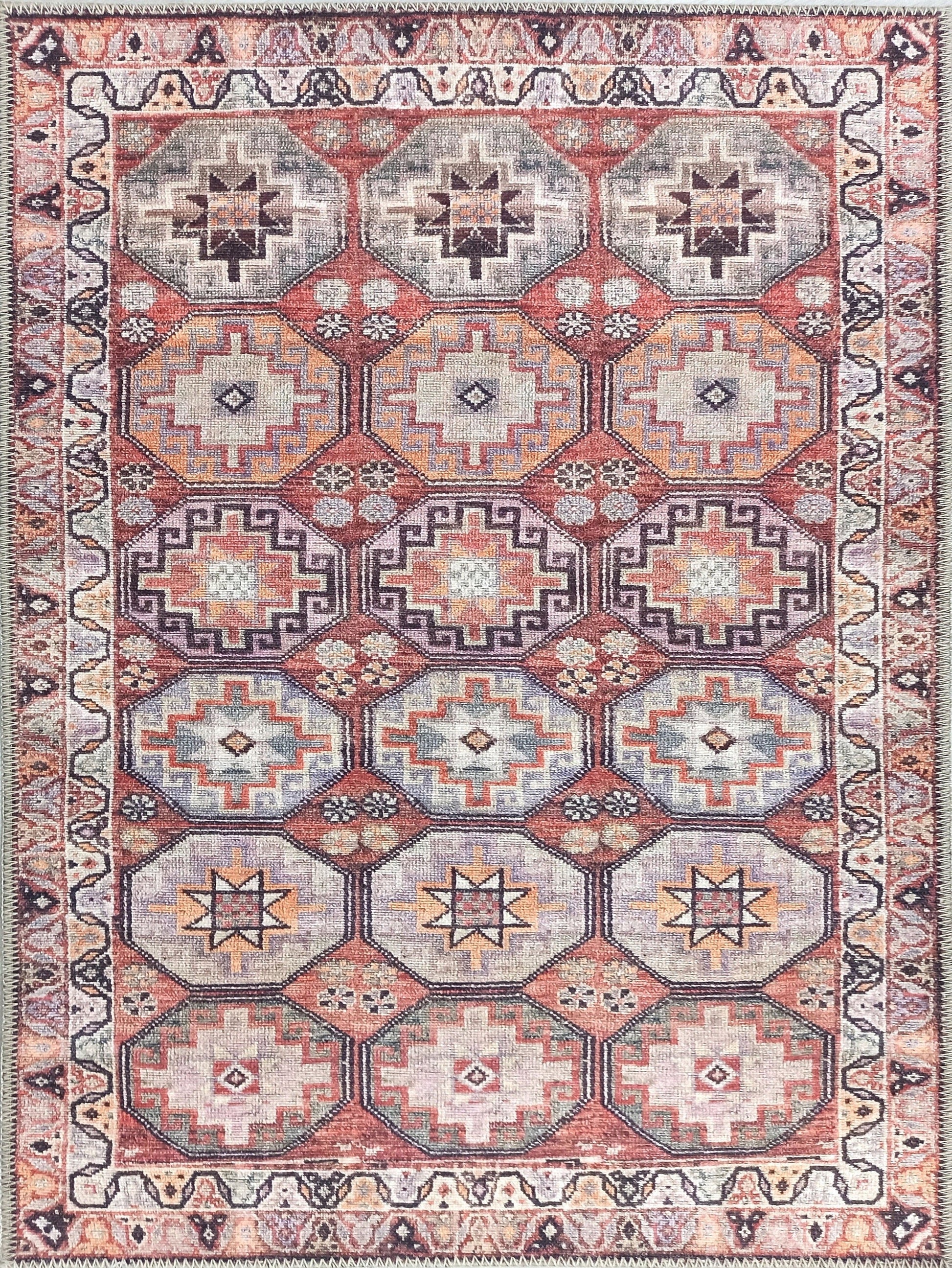 Kiremit ve Geometrik Desenli Vintage Halı - Pera Halı