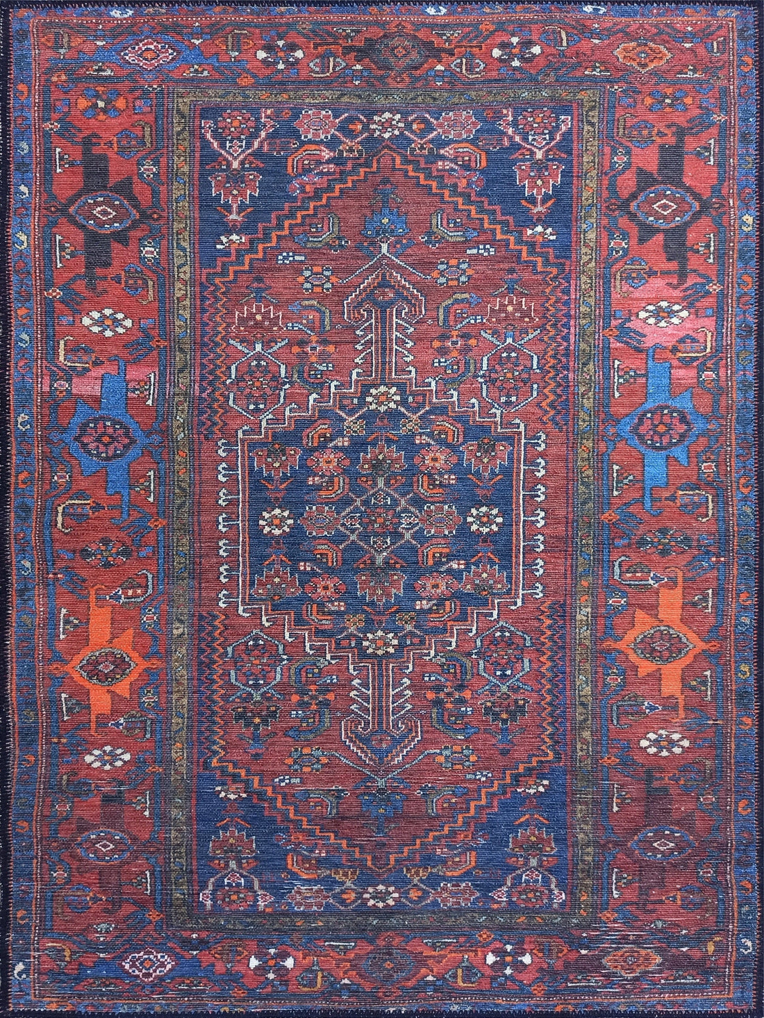 Kahverengi, Turuncu ve Lacivert Motifli Vintage Halı - Pera Halı