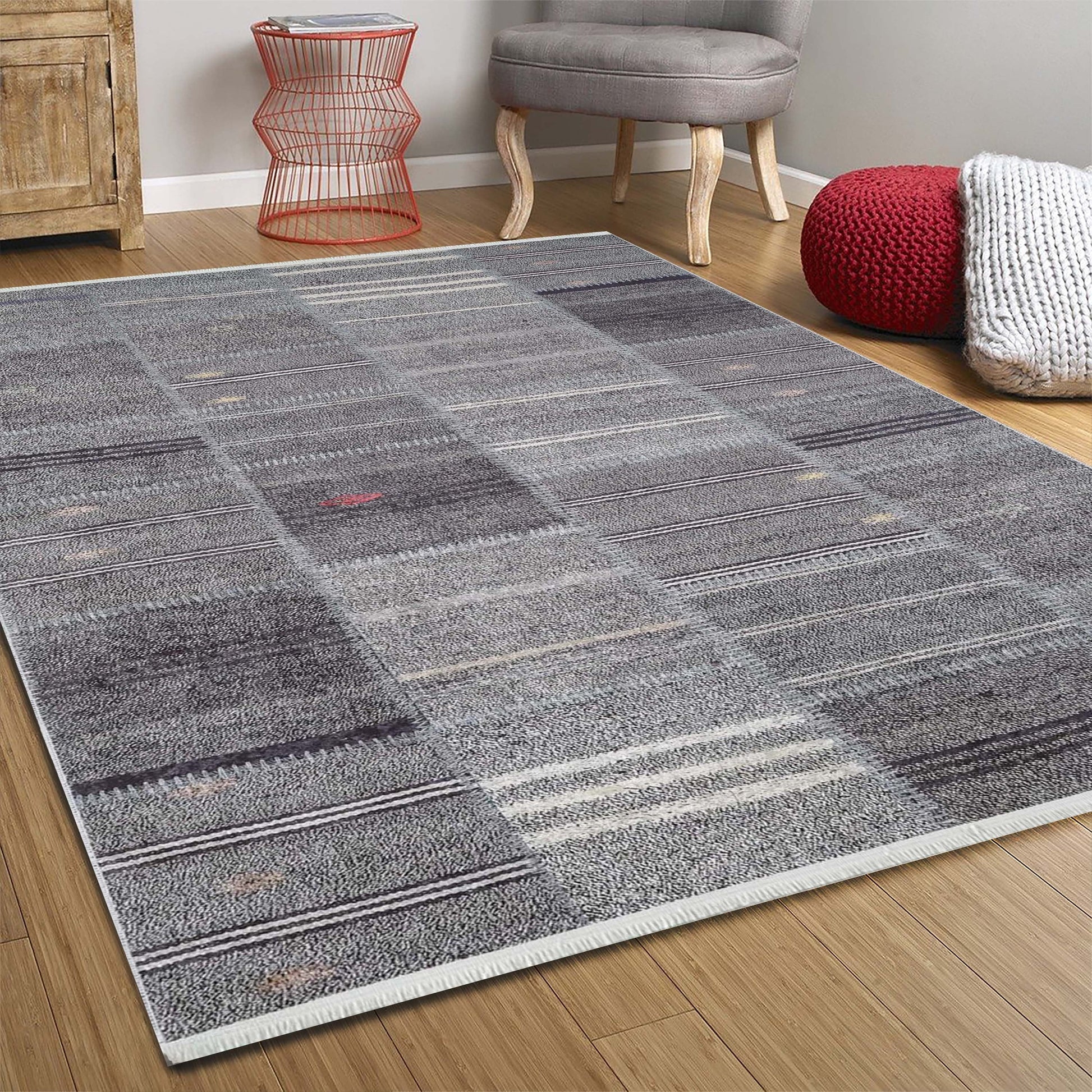 Açık Gri Siyah Çizgili Kilim Halı - Pera Halı