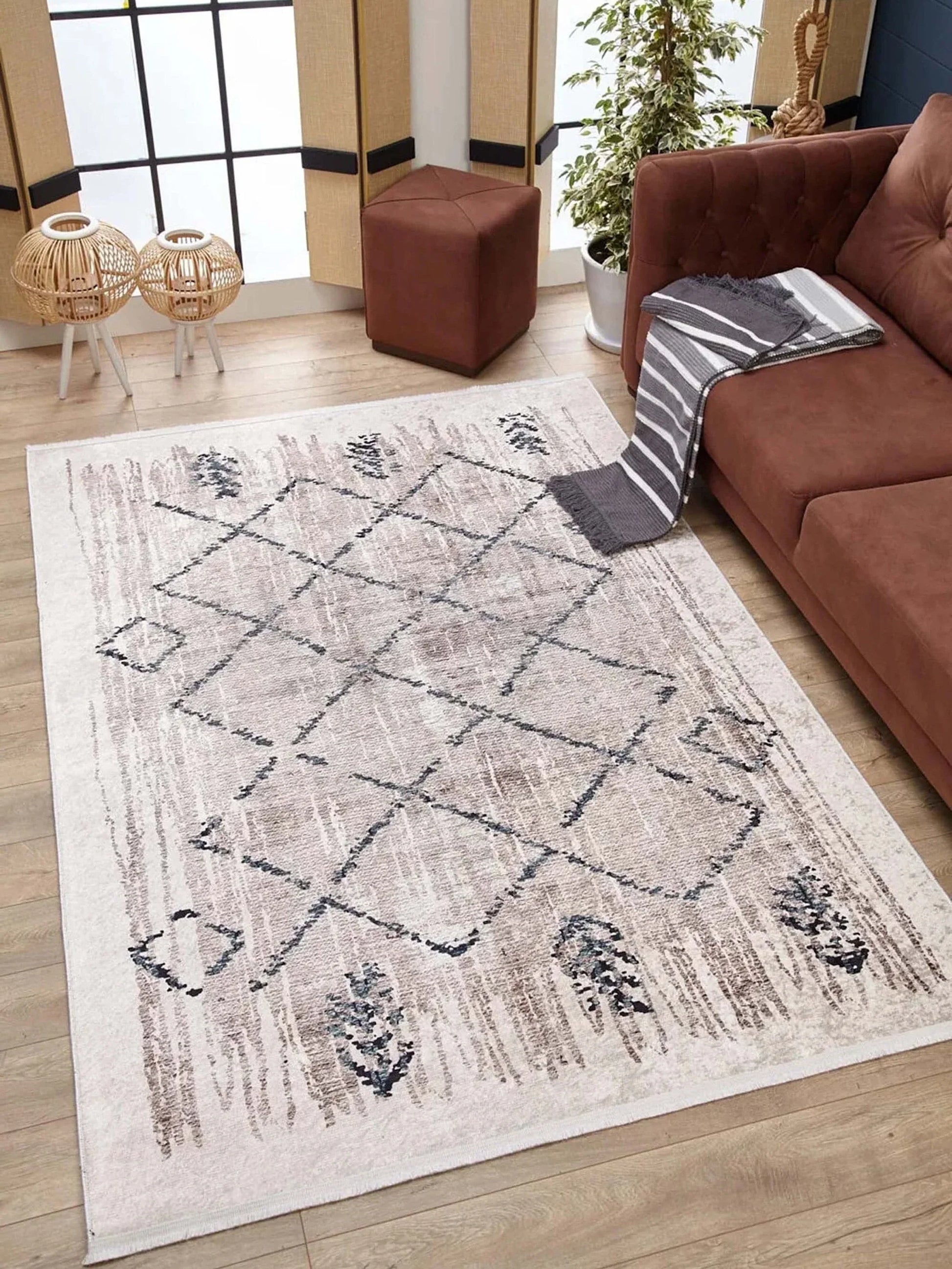 Fas Geometrik Desenli Bej Krem Halı