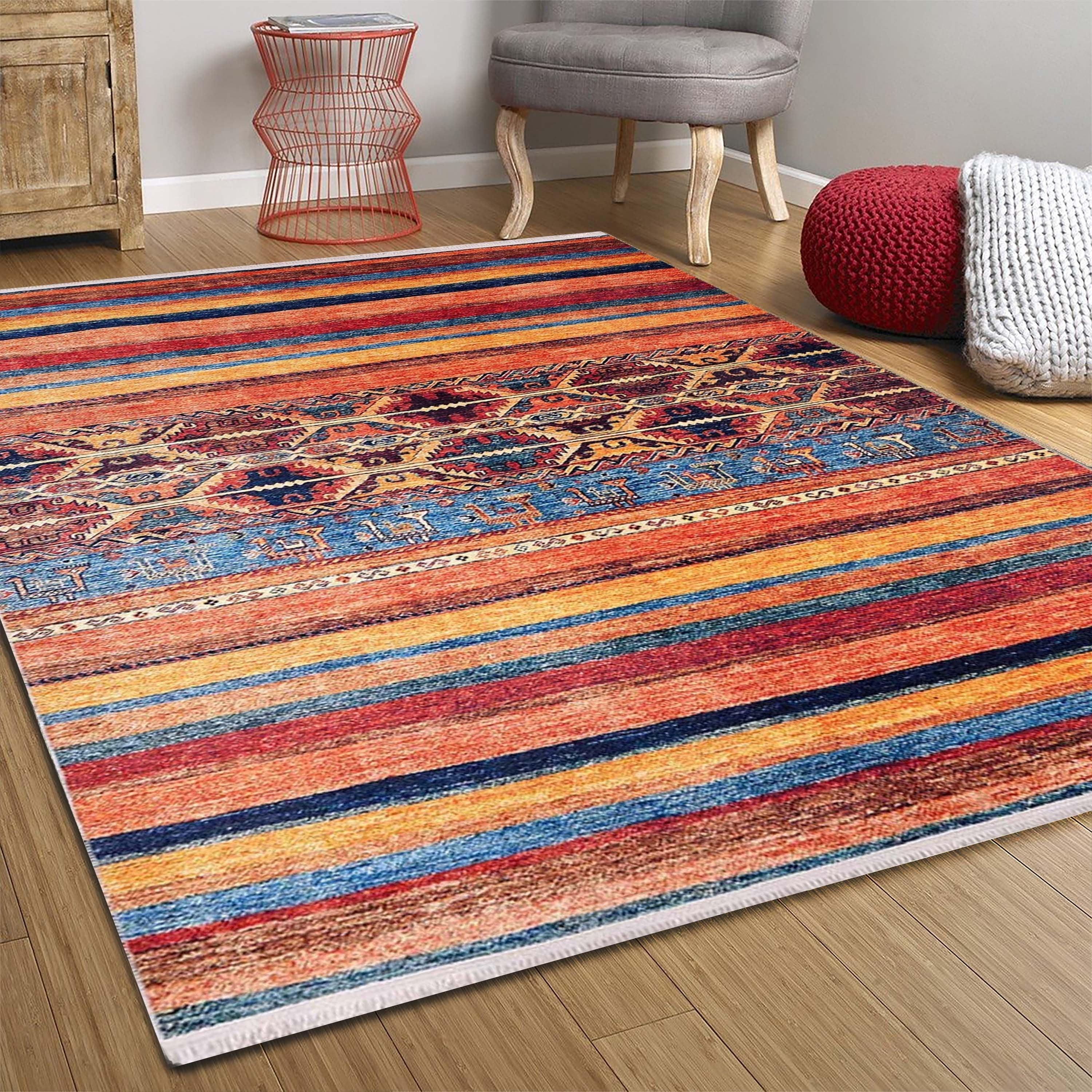 Turuncu Çizgili Desenli Kilim Halı