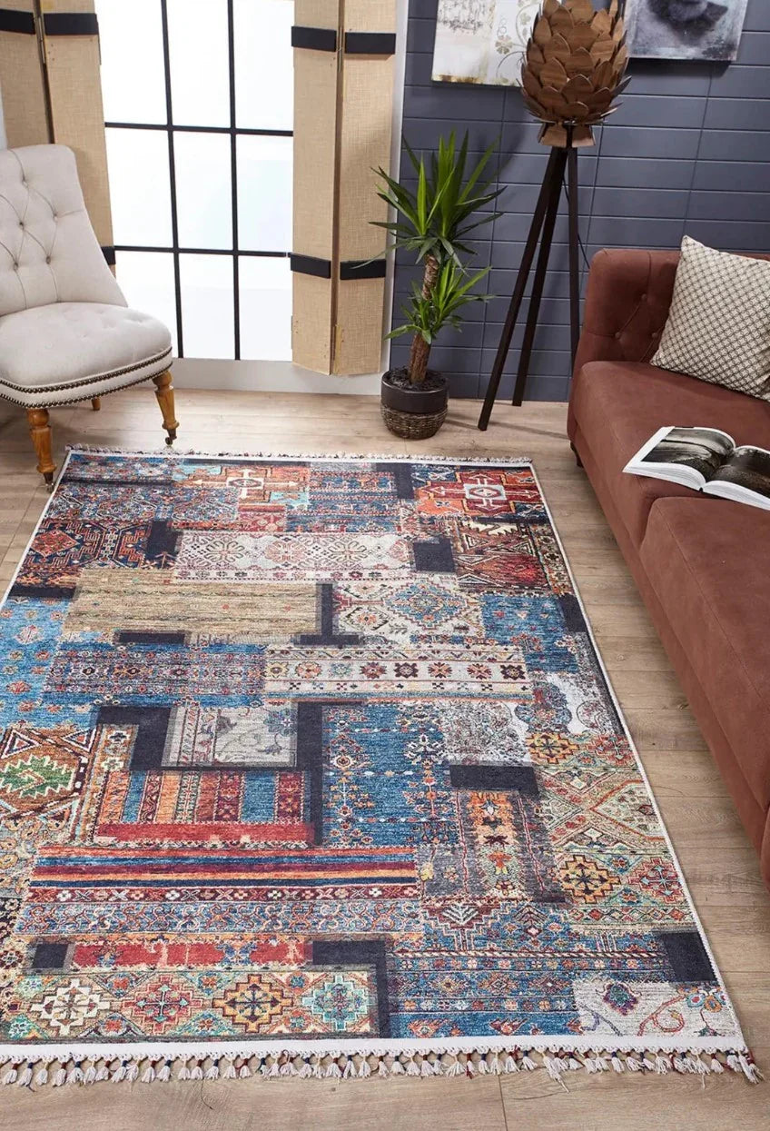 Mavi Çok Renkli Patchwork Desenli Vintage Kilim Halı