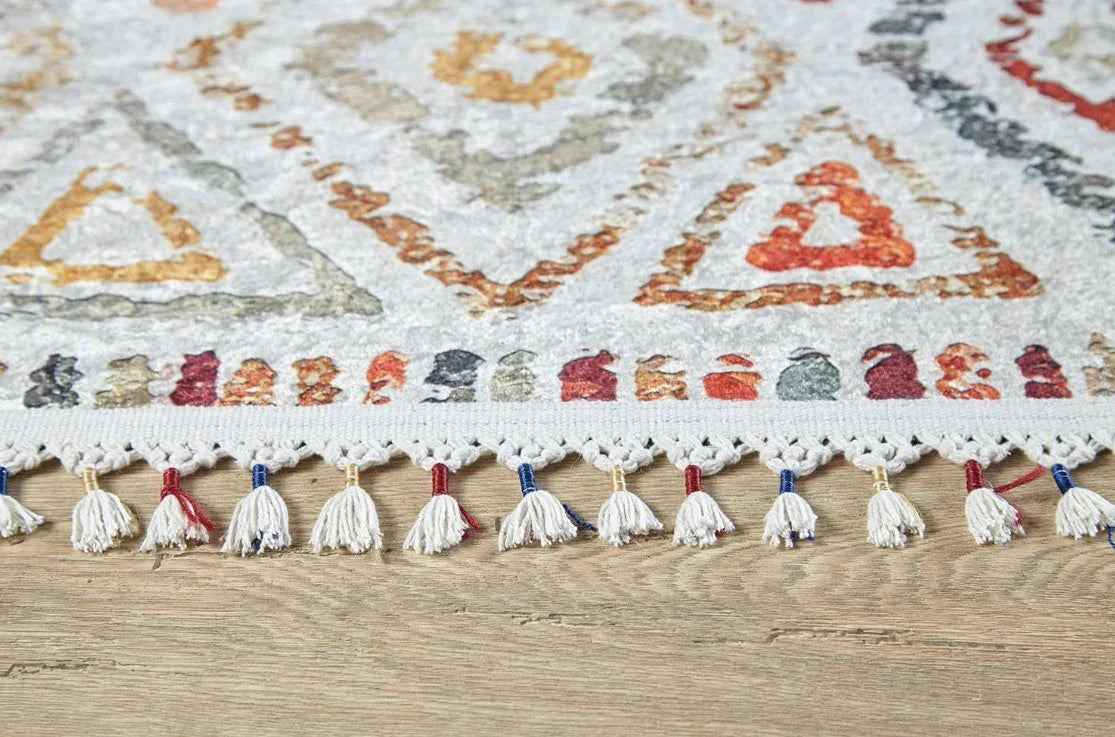 Krem Turuncu Çok Renkli Geometrik Desenli Modern Kilim Halı