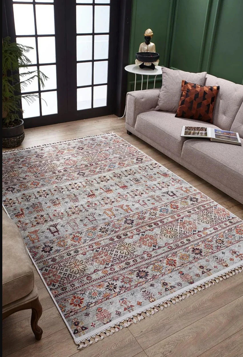 Krem Çok Renkli Etnik Desenli Vintage Kilim Halı